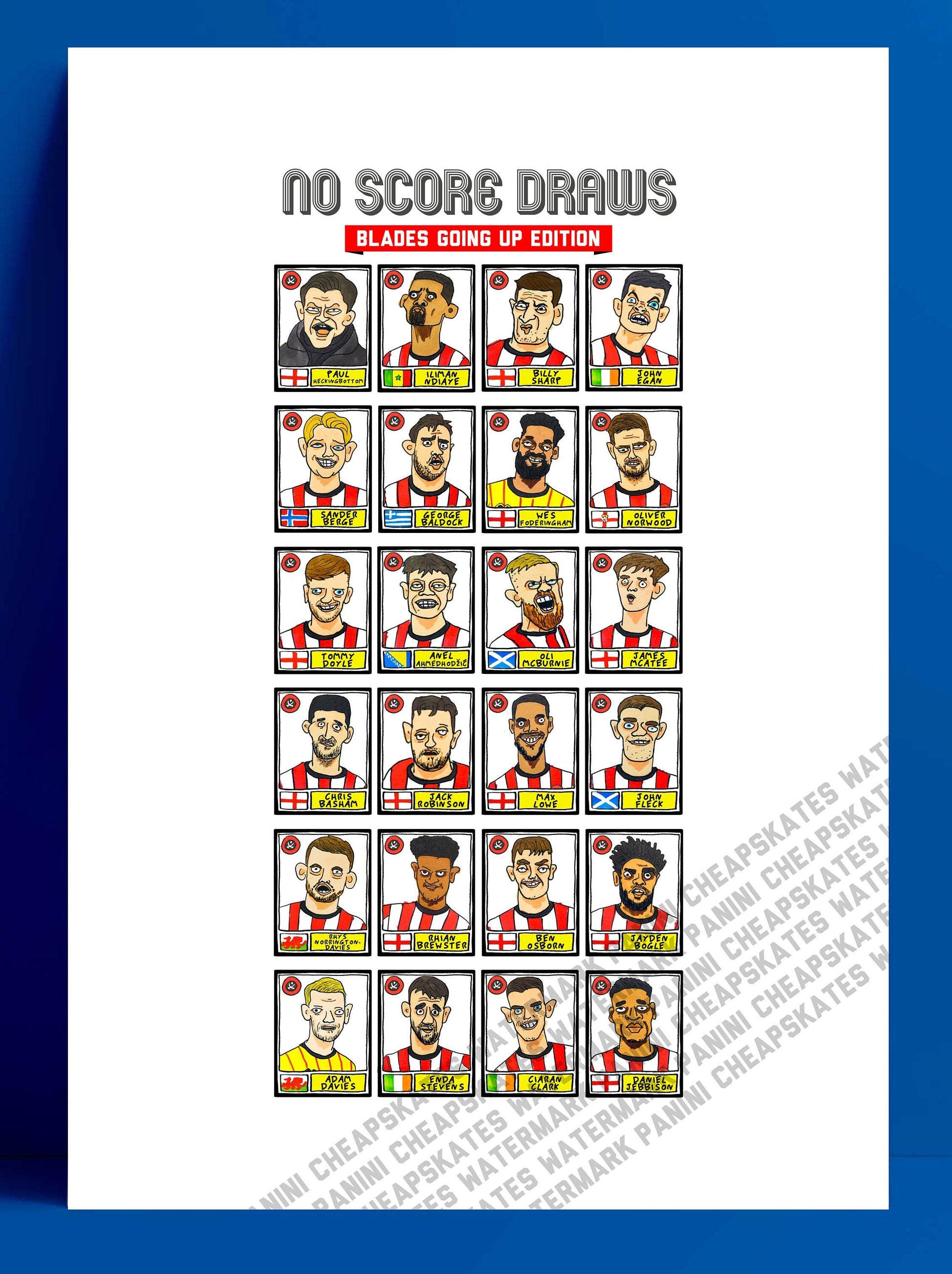 Sheffield United Vol 2 - No Score Draws Blades Going Up Edition - A3 print of 24 hand-drawn Panini Doodles of SUFC 22/23 Promotion Winners