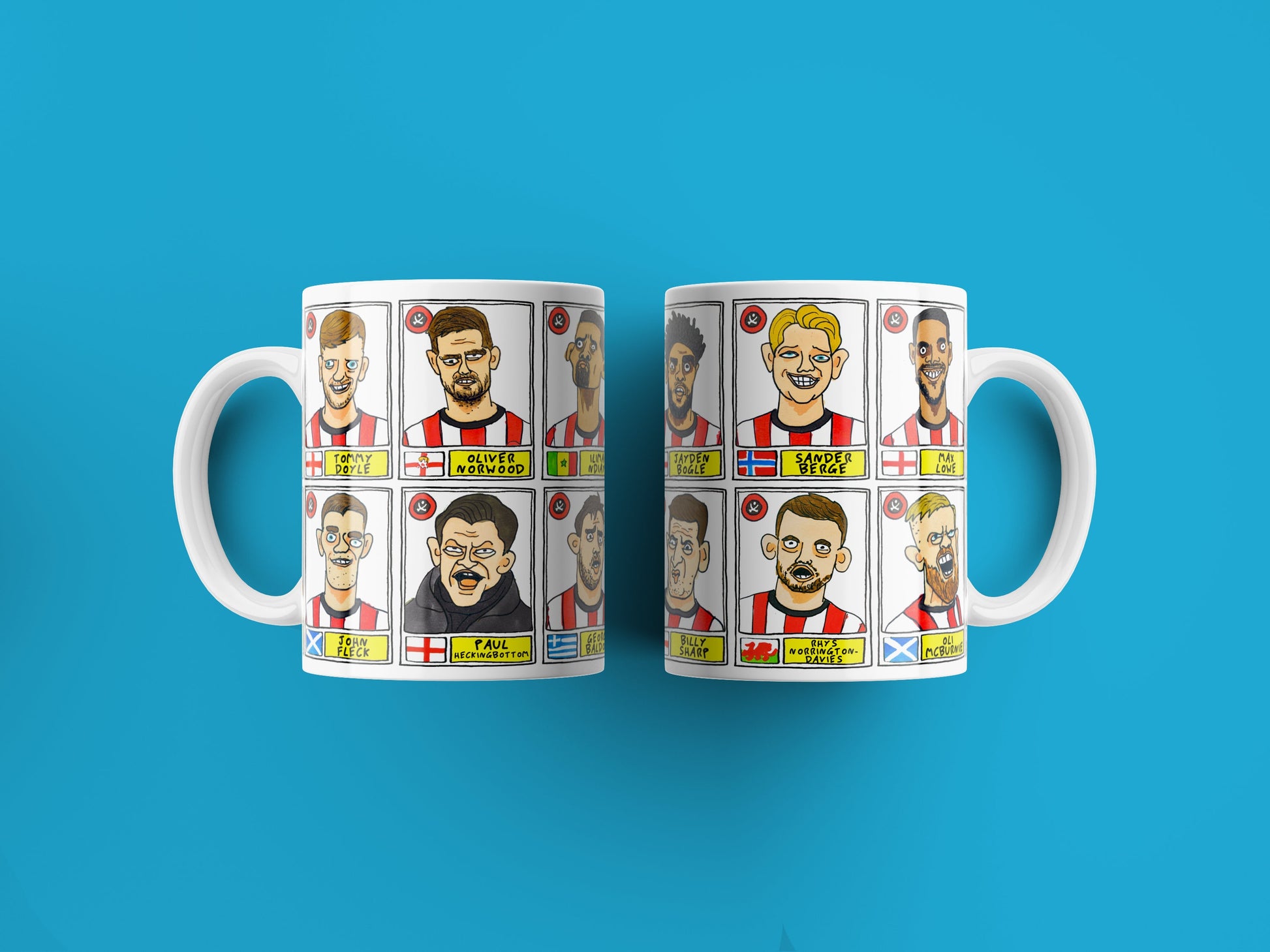 Sheffield United Vol 2 No Score Draws Mug Set - Set of TWO 11oz Ceramic Mugs with Wonky Panini-style Doodles of SUFC 22/23 Promotion Winners