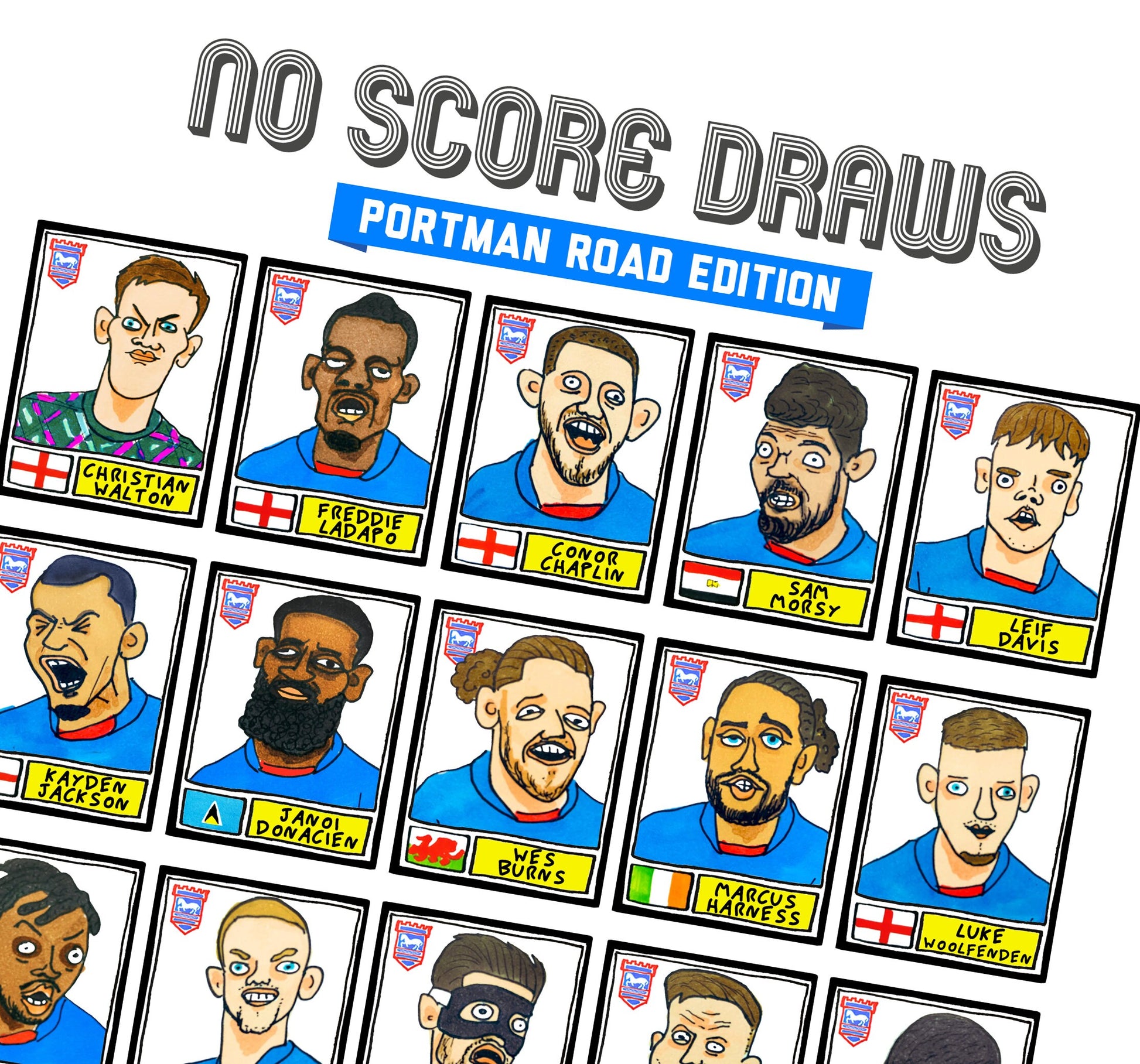 Ipswich Town Vol 2 - No Score Draws Portman Road Edition - A3 print of 26 hand-drawn Panini Doodles of ITFC's 22/23 Promotion Winners