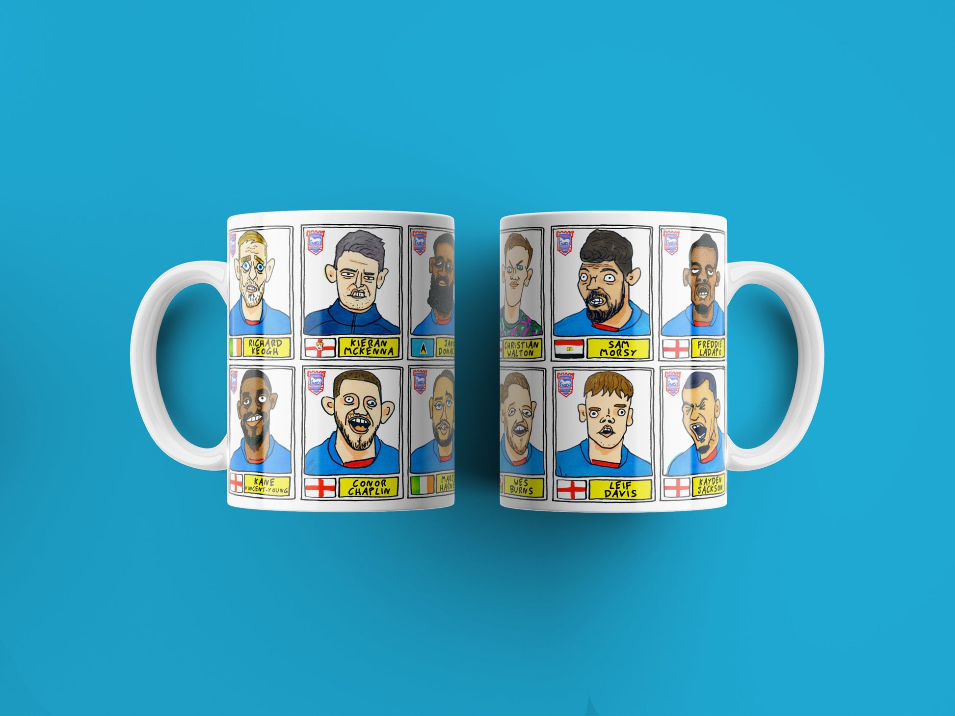 Ipswich Town Vol 2 No Score Draws Mug Set - Set of TWO 11oz Ceramic Mugs with Wonky Panini-style Doodles of ITFC's 22/23 Promotion Winners