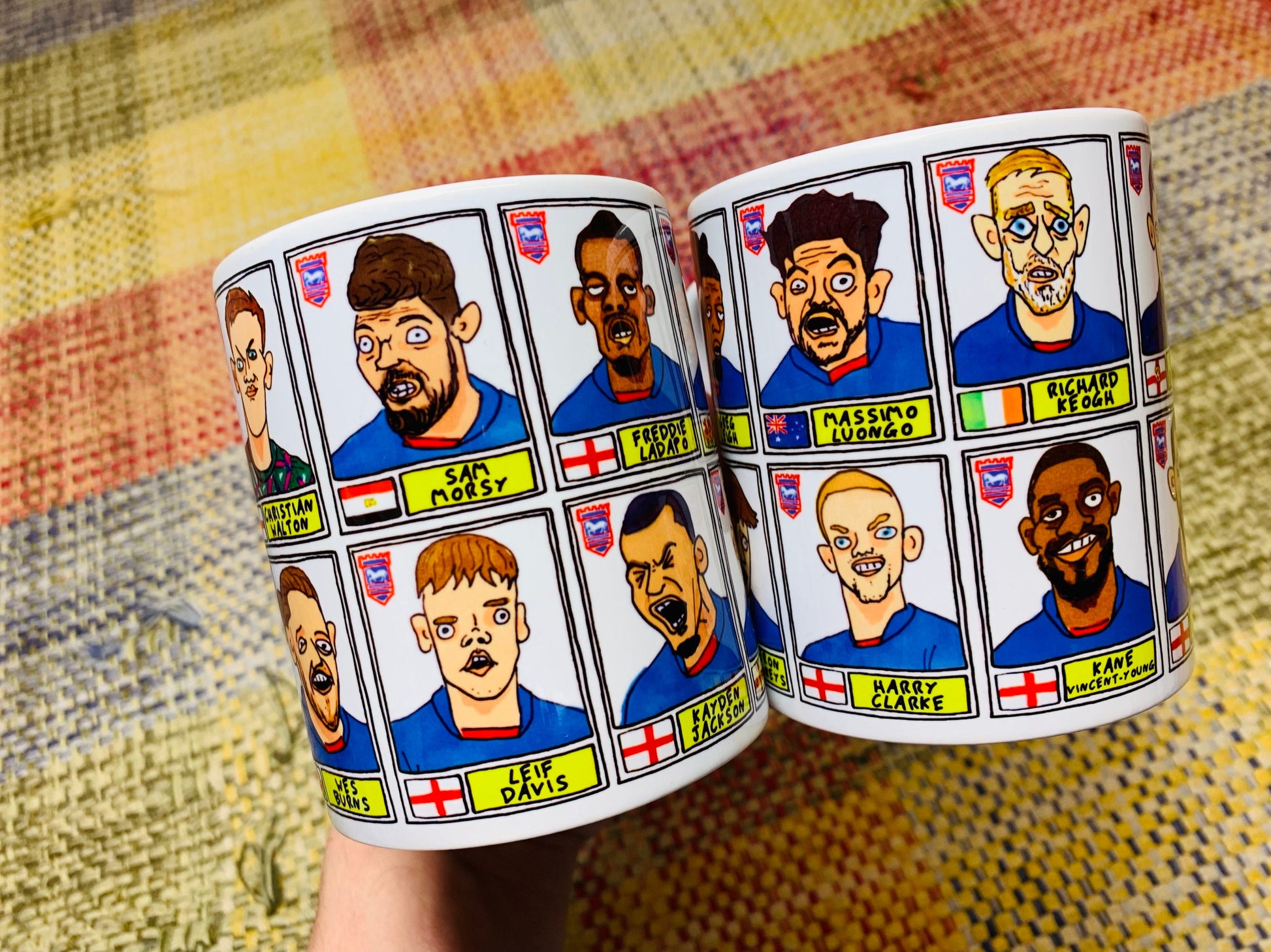 Ipswich Town Vol 2 No Score Draws Mug Set - Set of TWO 11oz Ceramic Mugs with Wonky Panini-style Doodles of ITFC's 22/23 Promotion Winners