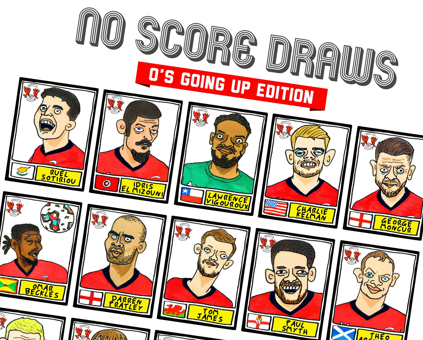 Leyton Orient Vol 2 - No Score Draws O's Going Up Edition - A3 print of 26 hand-drawn Panini-style Doodles of LOFC's 22/23 Promotion Winners