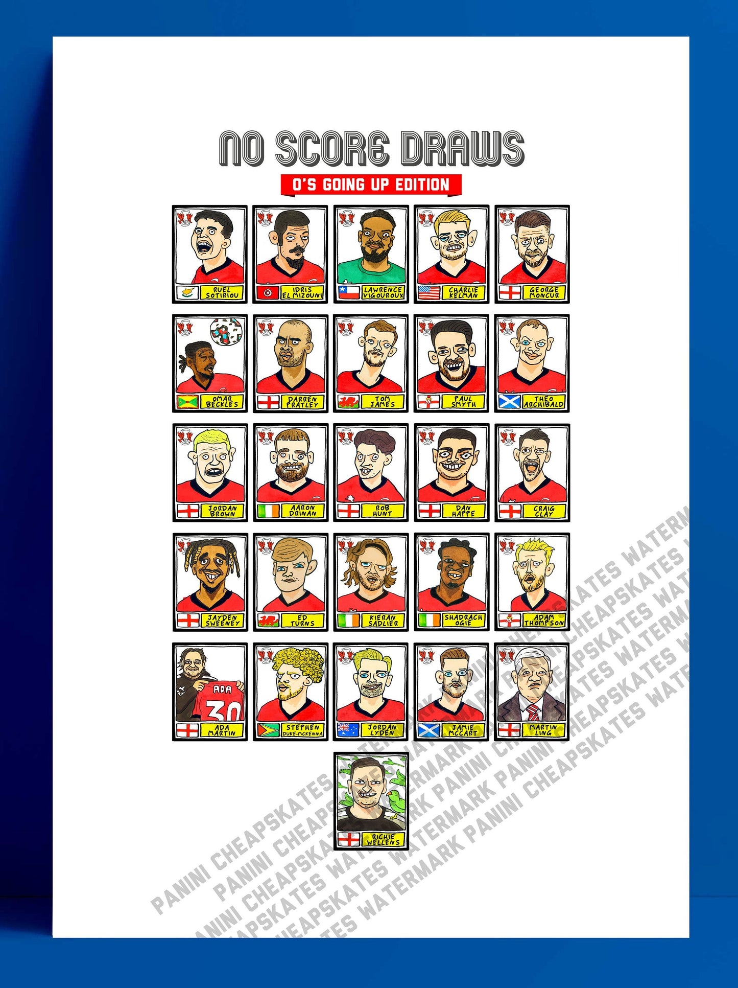 Leyton Orient Vol 2 - No Score Draws O's Going Up Edition - A3 print of 26 hand-drawn Panini-style Doodles of LOFC's 22/23 Promotion Winners