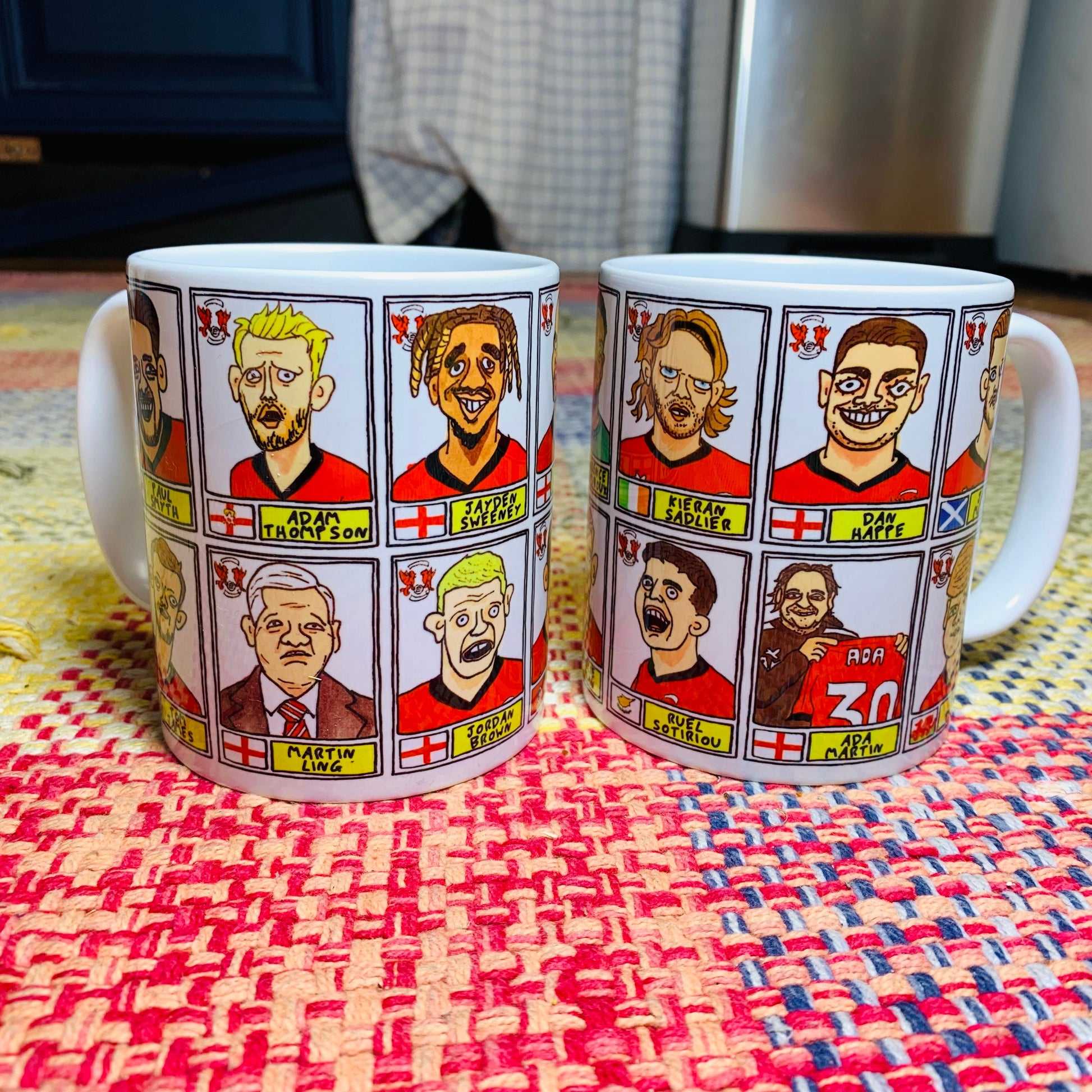 Leyton Orient Vol 2 No Score Draws Mug Set - Set of TWO 11oz Ceramic Mugs with Wonky Panini-style Doodles of LOFC's 22/23 Promotion Winners