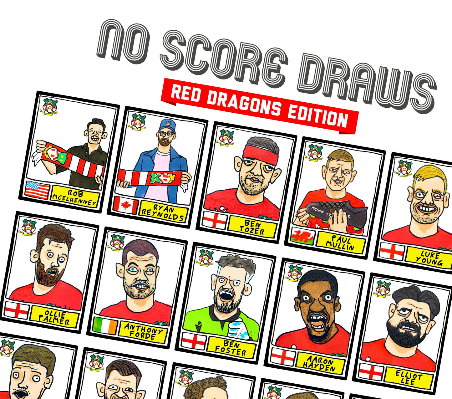 Wrexham Vol 2 - No Score Draws Red Dragons Edition - A3 print of 26 hand-drawn Panini-style Doodles of Wrexham's 22/23 Promotion Winners