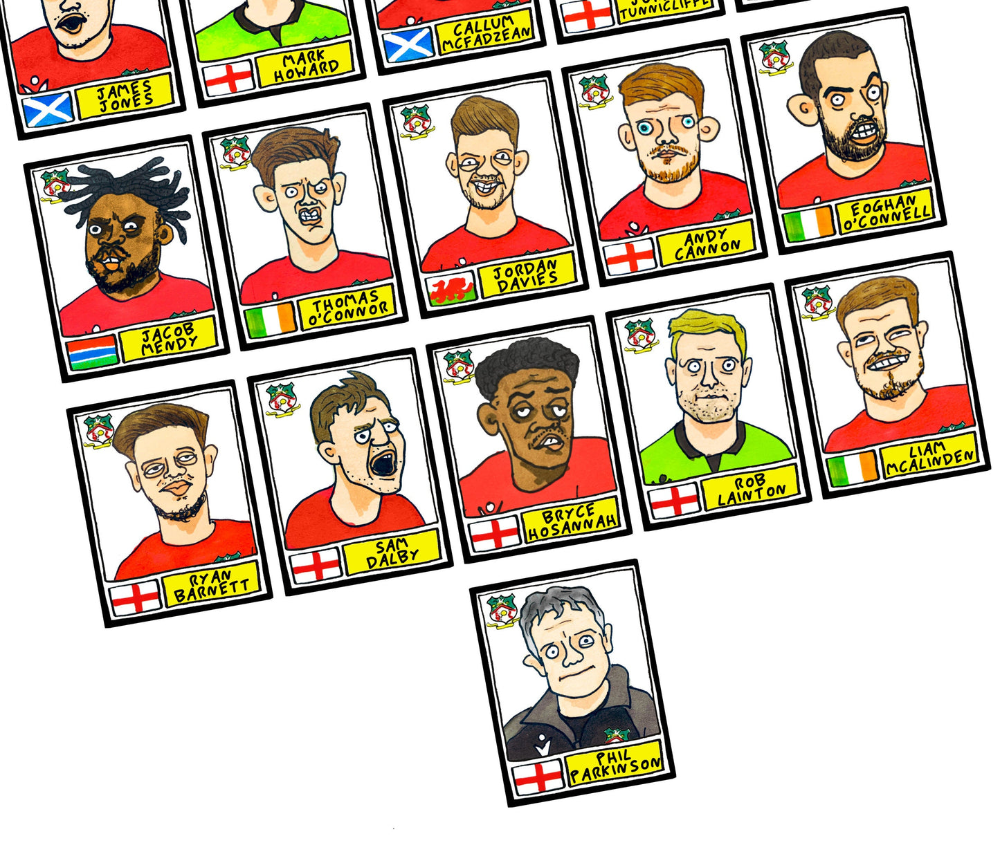 Wrexham Vol 2 - No Score Draws Red Dragons Edition - A3 print of 26 hand-drawn Panini-style Doodles of Wrexham's 22/23 Promotion Winners