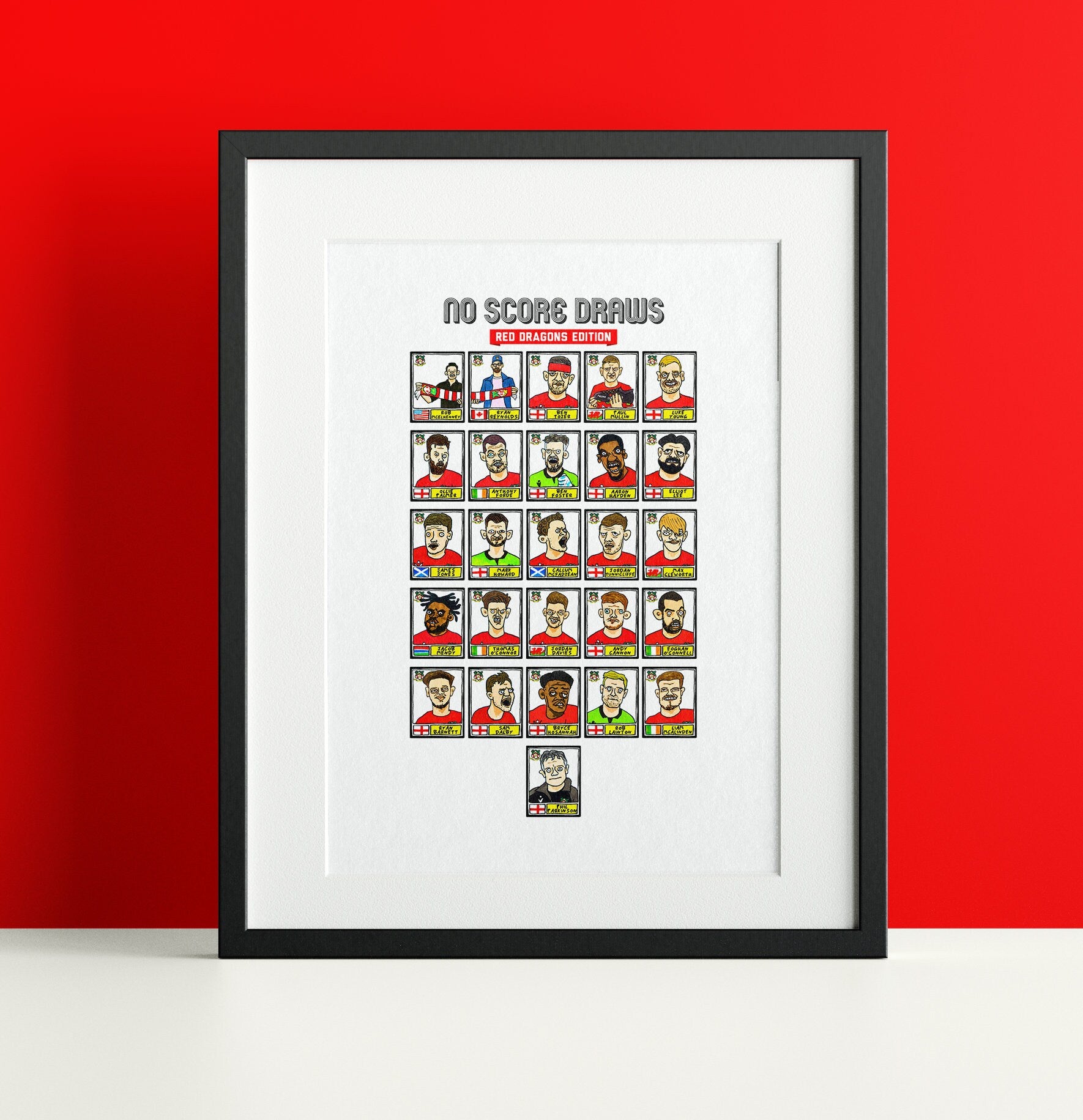 Wrexham Vol 2 - No Score Draws Red Dragons Edition - A3 print of 26 hand-drawn Panini-style Doodles of Wrexham's 22/23 Promotion Winners