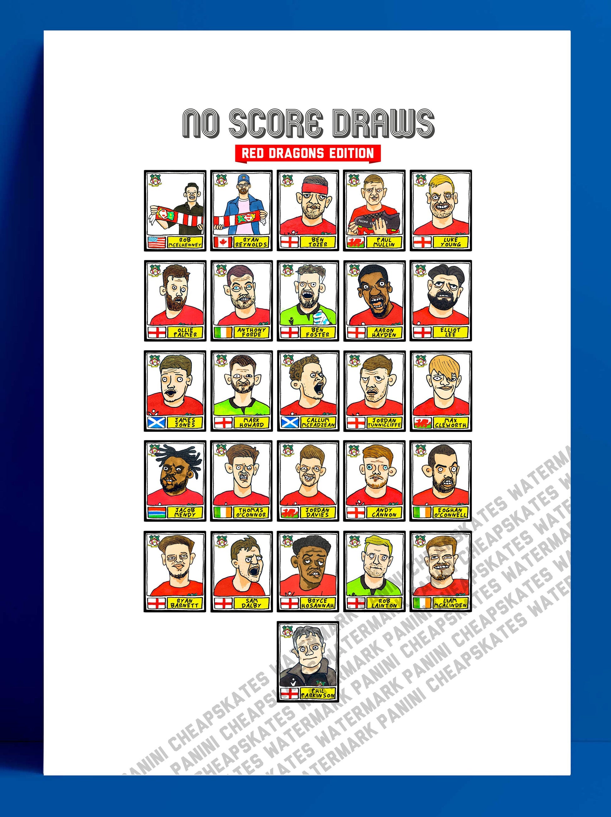 Wrexham Vol 2 - No Score Draws Red Dragons Edition - A3 print of 26 hand-drawn Panini-style Doodles of Wrexham's 22/23 Promotion Winners