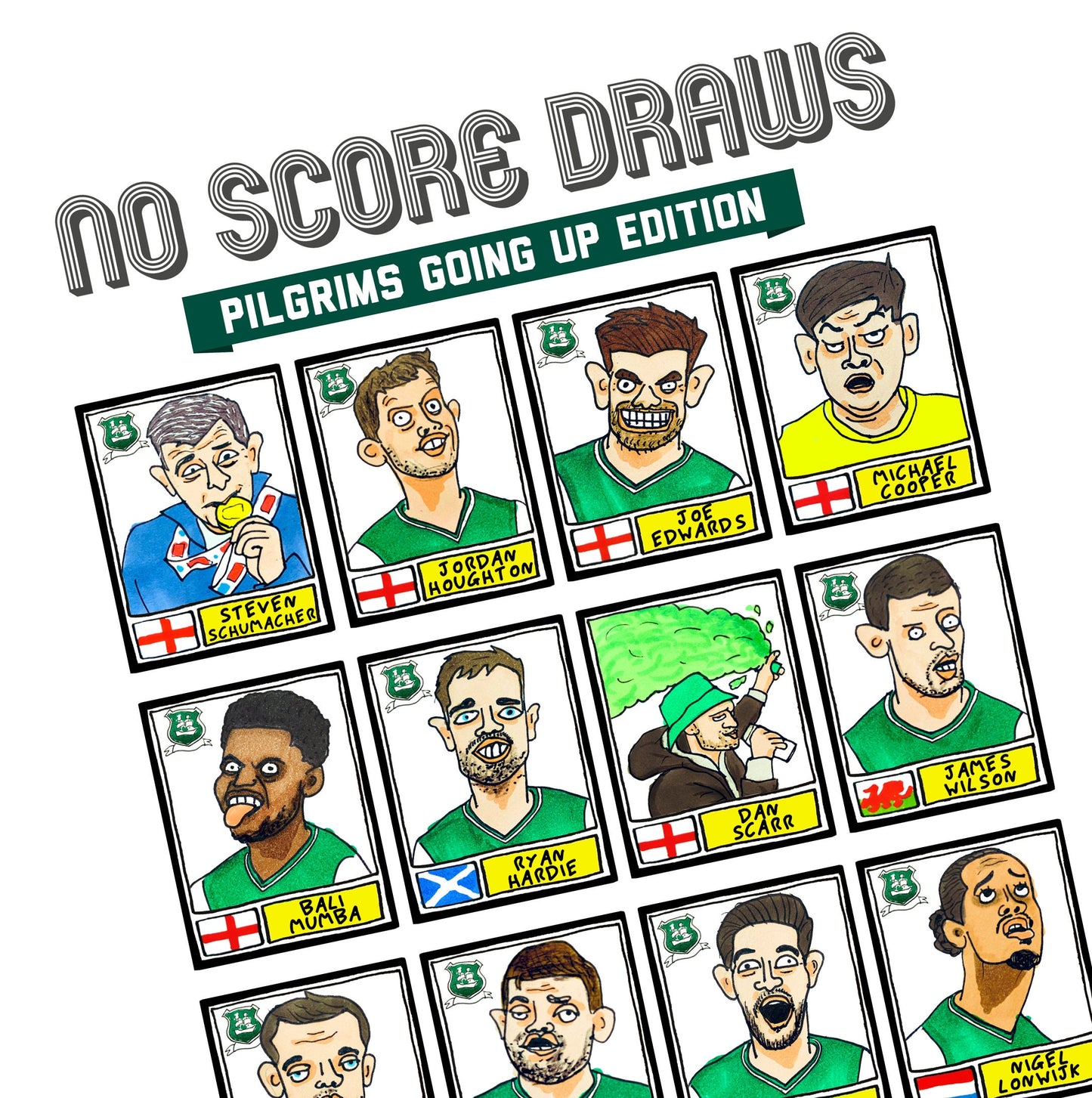 Plymouth Argyle Vol 2 - No Score Draws Pilgrims Going Up Edition - A3 print of 24 hand-drawn Panini-style Doodles of PAFC's League 1 Winners