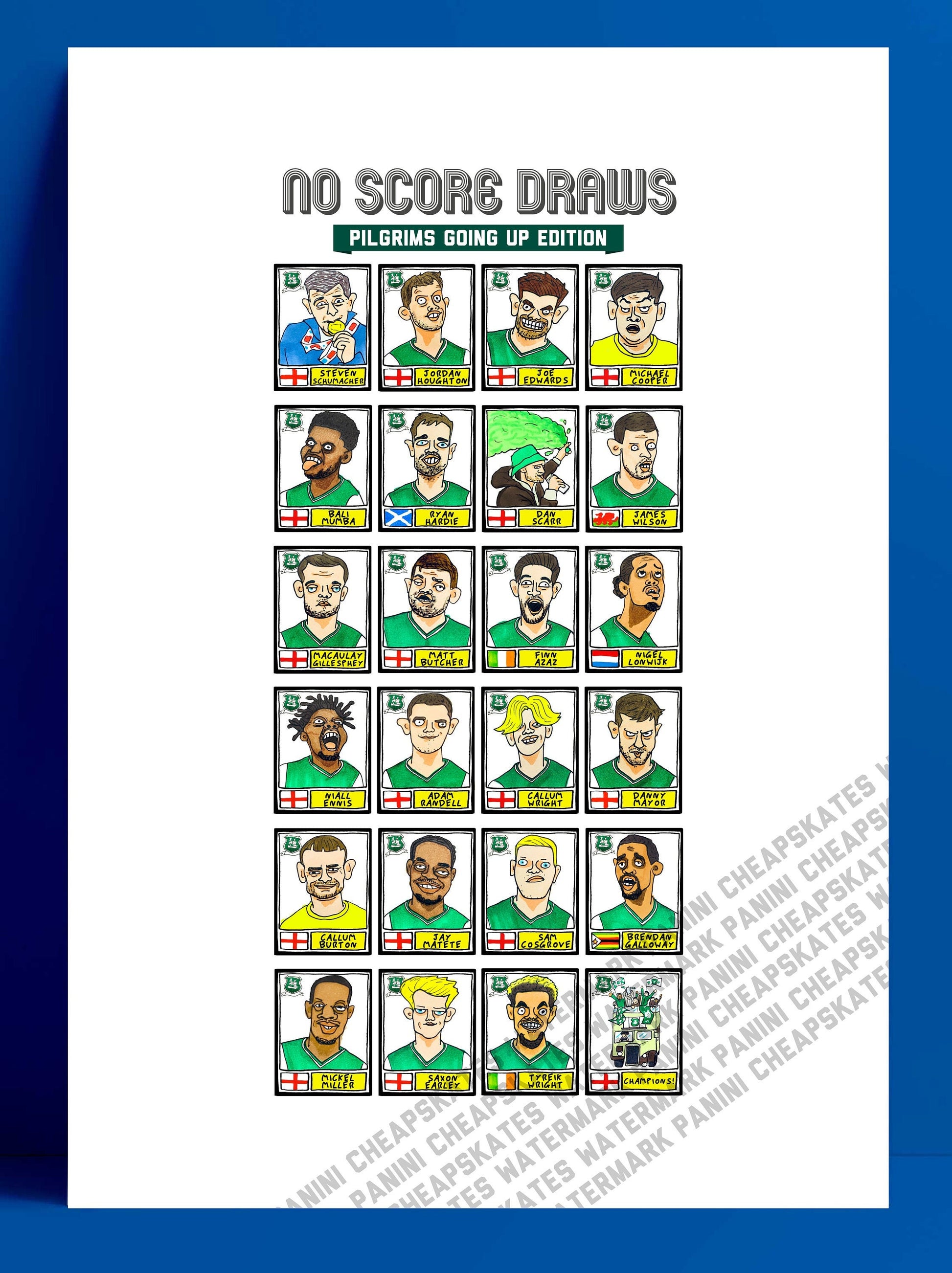 Plymouth Argyle Vol 2 - No Score Draws Pilgrims Going Up Edition - A3 print of 24 hand-drawn Panini-style Doodles of PAFC's League 1 Winners