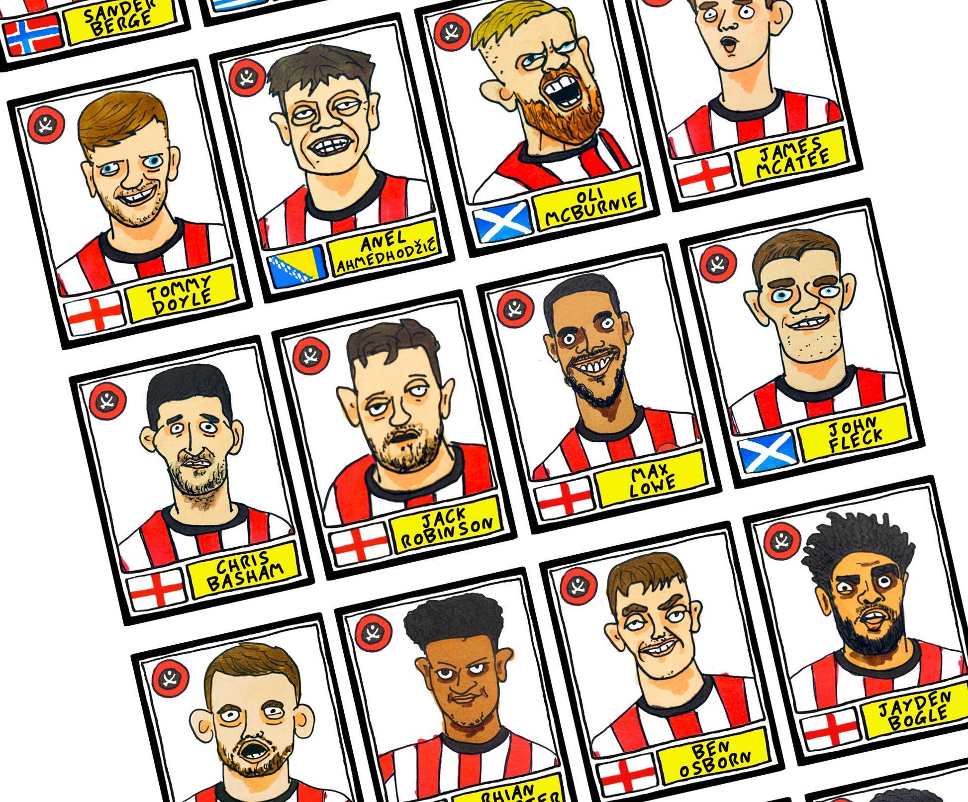 Sheffield United Vol 2 - No Score Draws Blades Going Up Edition - A3 print of 24 hand-drawn Panini Doodles of SUFC 22/23 Promotion Winners