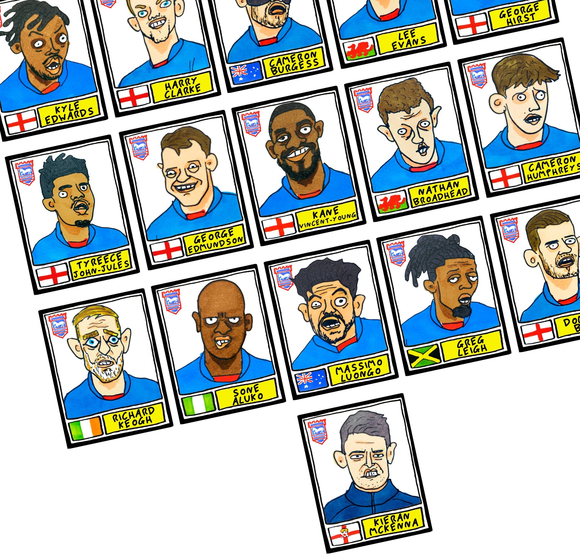 Ipswich Town Vol 2 - No Score Draws Portman Road Edition - A3 print of 26 hand-drawn Panini Doodles of ITFC's 22/23 Promotion Winners