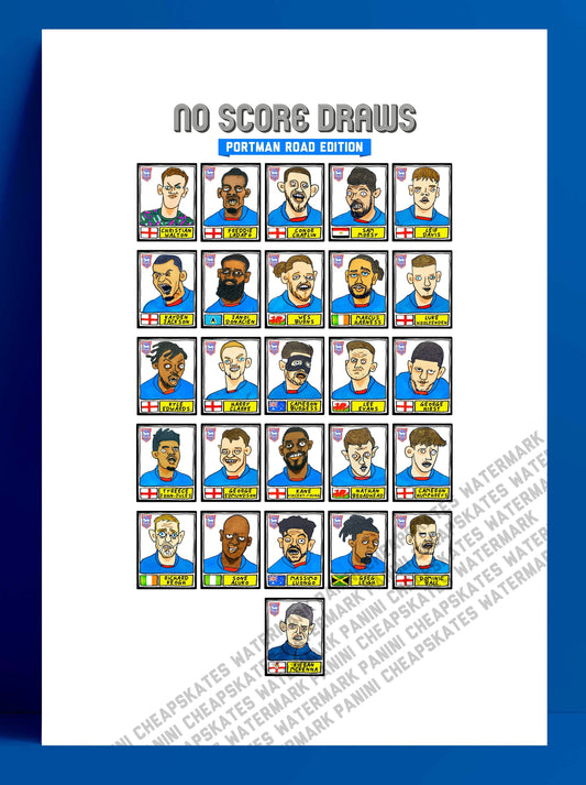 Ipswich Town Vol 2 - No Score Draws Portman Road Edition - A3 print of 26 hand-drawn Panini Doodles of ITFC's 22/23 Promotion Winners