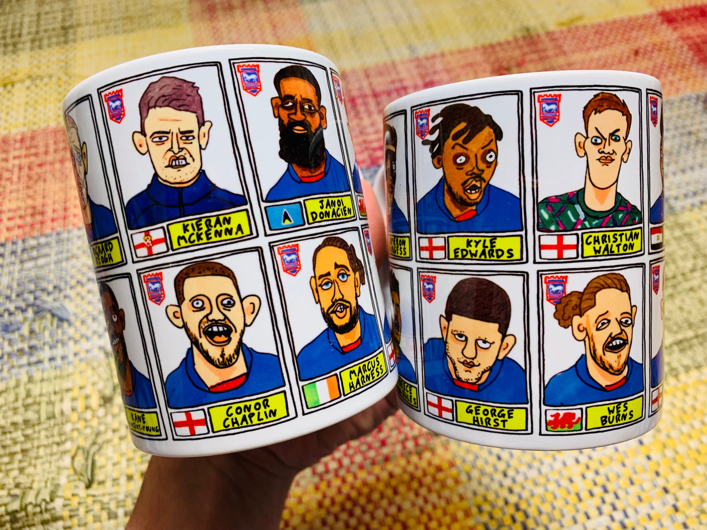 Ipswich Town Vol 2 No Score Draws Mug Set - Set of TWO 11oz Ceramic Mugs with Wonky Panini-style Doodles of ITFC's 22/23 Promotion Winners