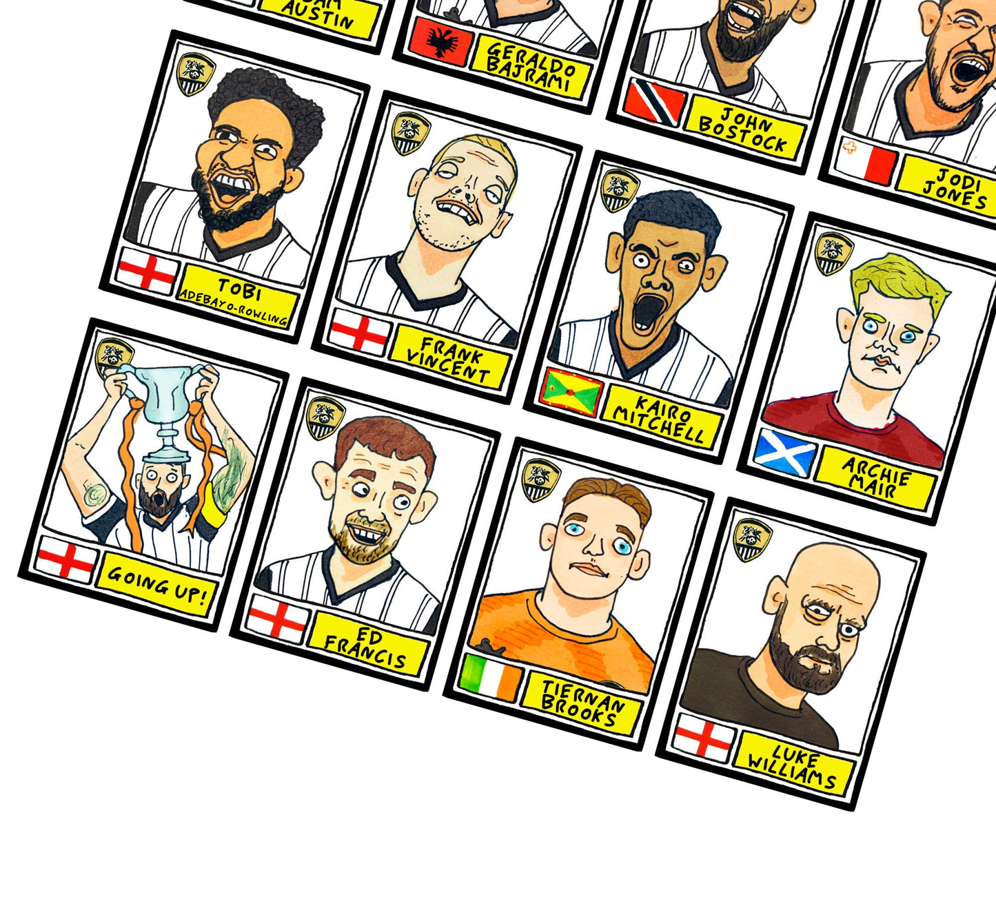 Notts County - No Score Draws Magpies Going Up Edition - A3 print of 24 hand-drawn Panini Doodles of NCFC's 22/23 Promotion Winners