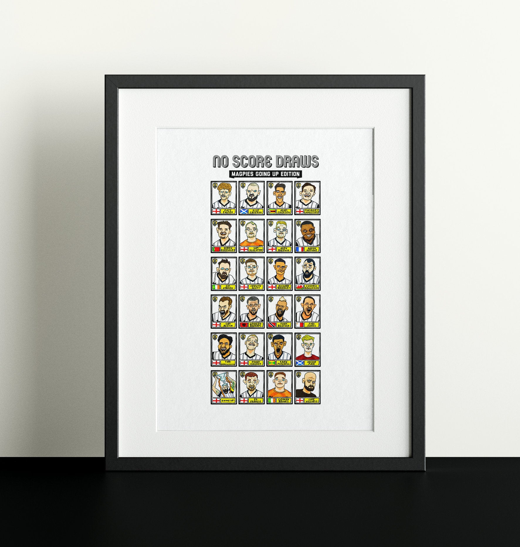 Notts County - No Score Draws Magpies Going Up Edition - A3 print of 24 hand-drawn Panini Doodles of NCFC's 22/23 Promotion Winners