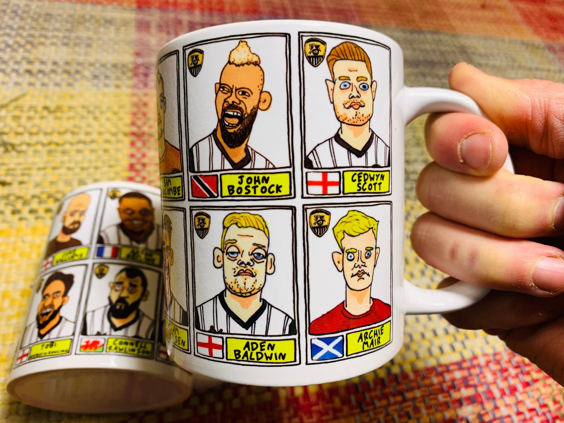 Notts County No Score Draws Mug Set - Set of TWO 11oz Ceramic Mugs with Wonky Panini-style Doodles of Magpies NCFCs 22/23 Promotion Winners