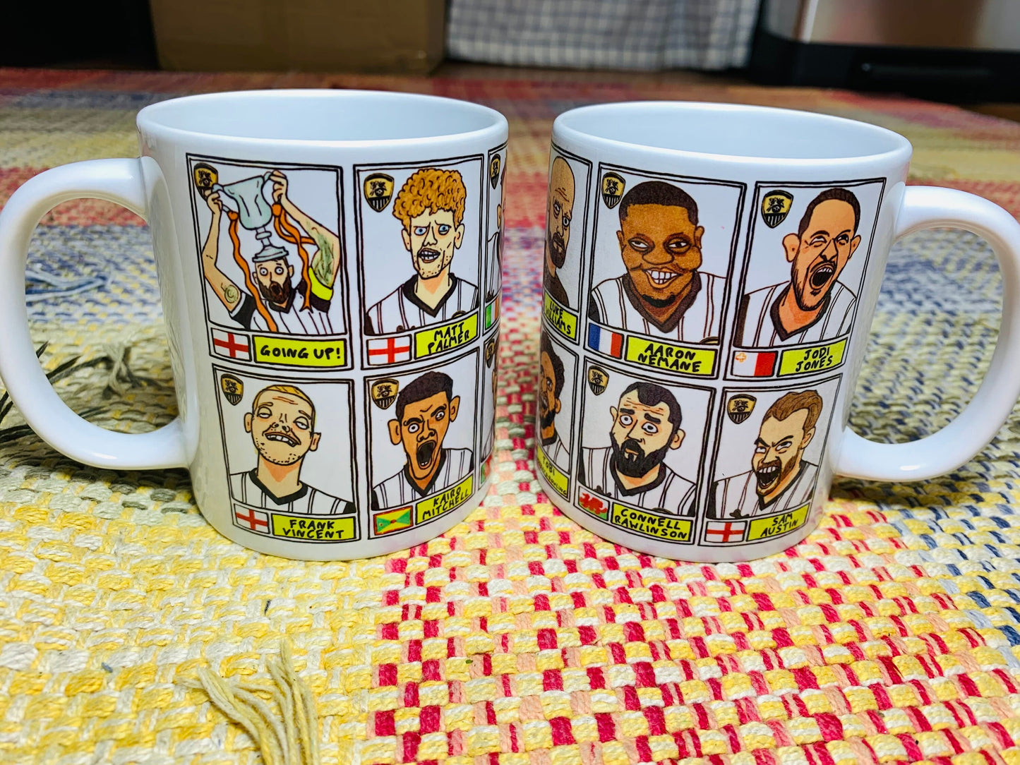 Notts County No Score Draws Mug Set - Set of TWO 11oz Ceramic Mugs with Wonky Panini-style Doodles of Magpies NCFCs 22/23 Promotion Winners