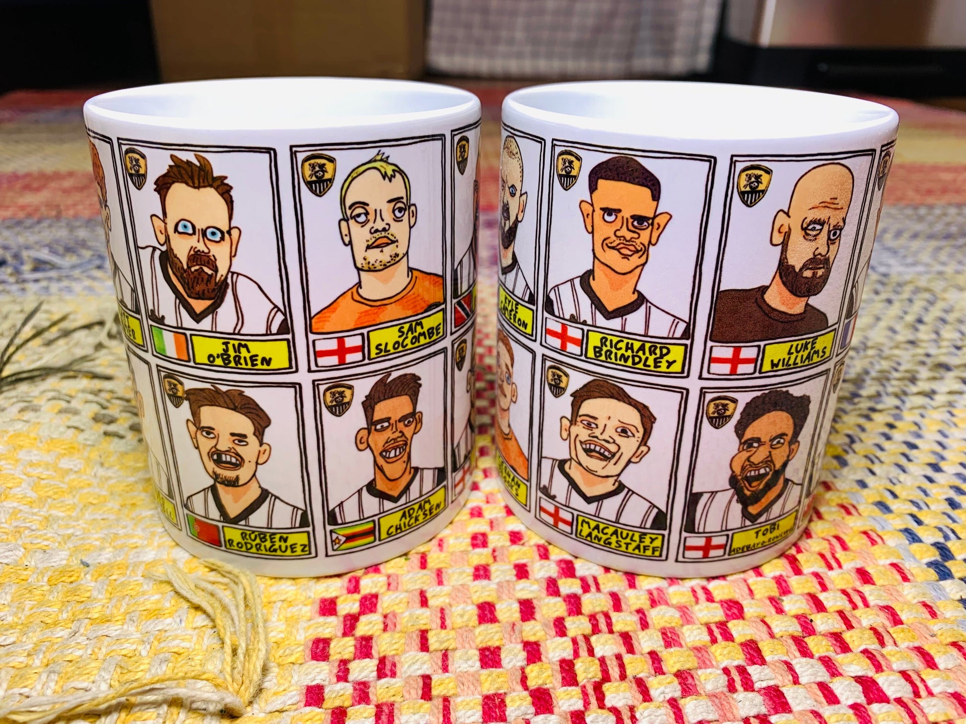 Notts County No Score Draws Mug Set - Set of TWO 11oz Ceramic Mugs with Wonky Panini-style Doodles of Magpies NCFCs 22/23 Promotion Winners