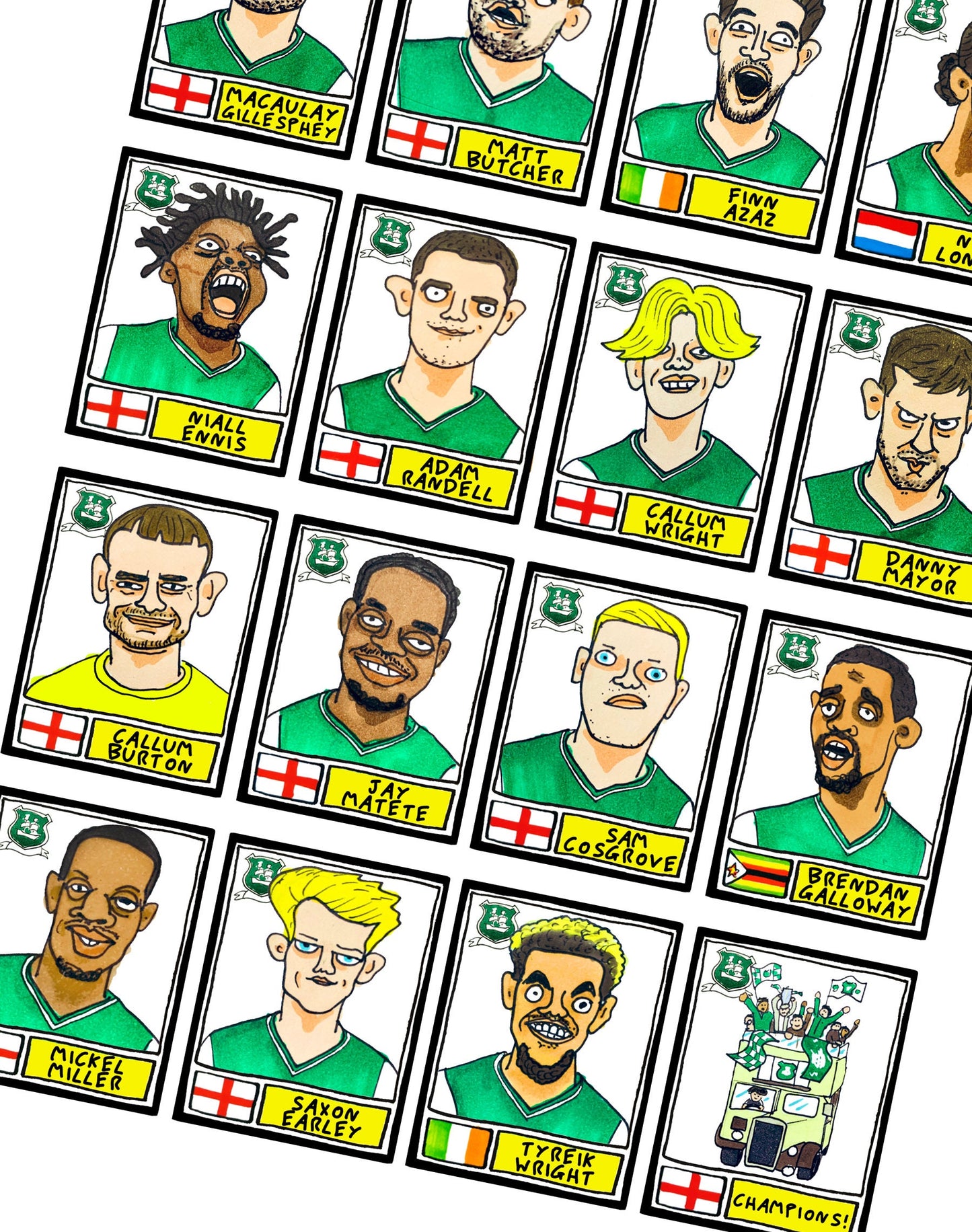 Plymouth Argyle Vol 2 - No Score Draws Pilgrims Going Up Edition - A3 print of 24 hand-drawn Panini-style Doodles of PAFC's League 1 Winners