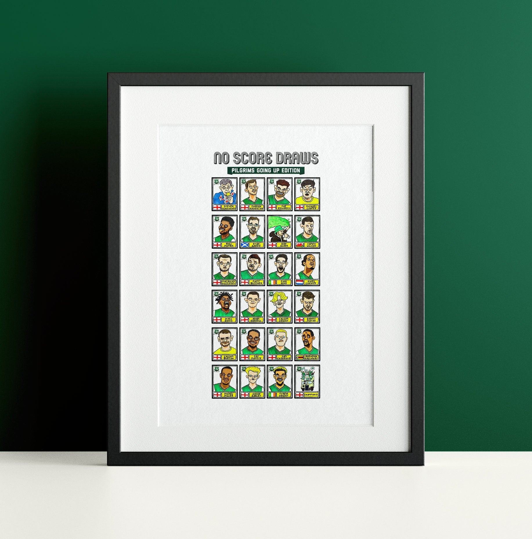 Plymouth Argyle Vol 2 - No Score Draws Pilgrims Going Up Edition - A3 print of 24 hand-drawn Panini-style Doodles of PAFC's League 1 Winners