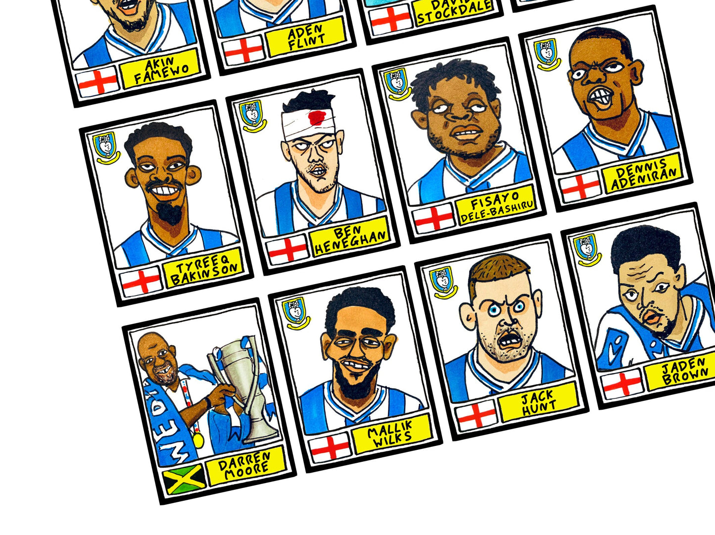 Sheffield Wednesday Vol 2 - No Score Draws Owls Going Up Edition - A3 print of 24 hand-drawn Panini Doodles of SWFCs 22/23 Promotion Winners