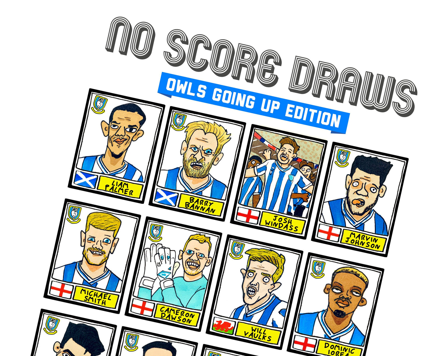 Sheffield Wednesday Vol 2 - No Score Draws Owls Going Up Edition - A3 print of 24 hand-drawn Panini Doodles of SWFCs 22/23 Promotion Winners