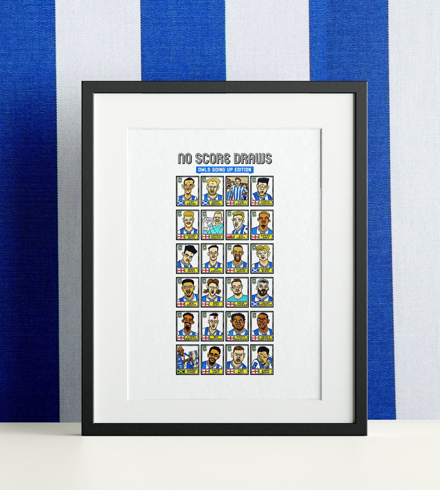 Sheffield Wednesday Vol 2 - No Score Draws Owls Going Up Edition - A3 print of 24 hand-drawn Panini Doodles of SWFCs 22/23 Promotion Winners