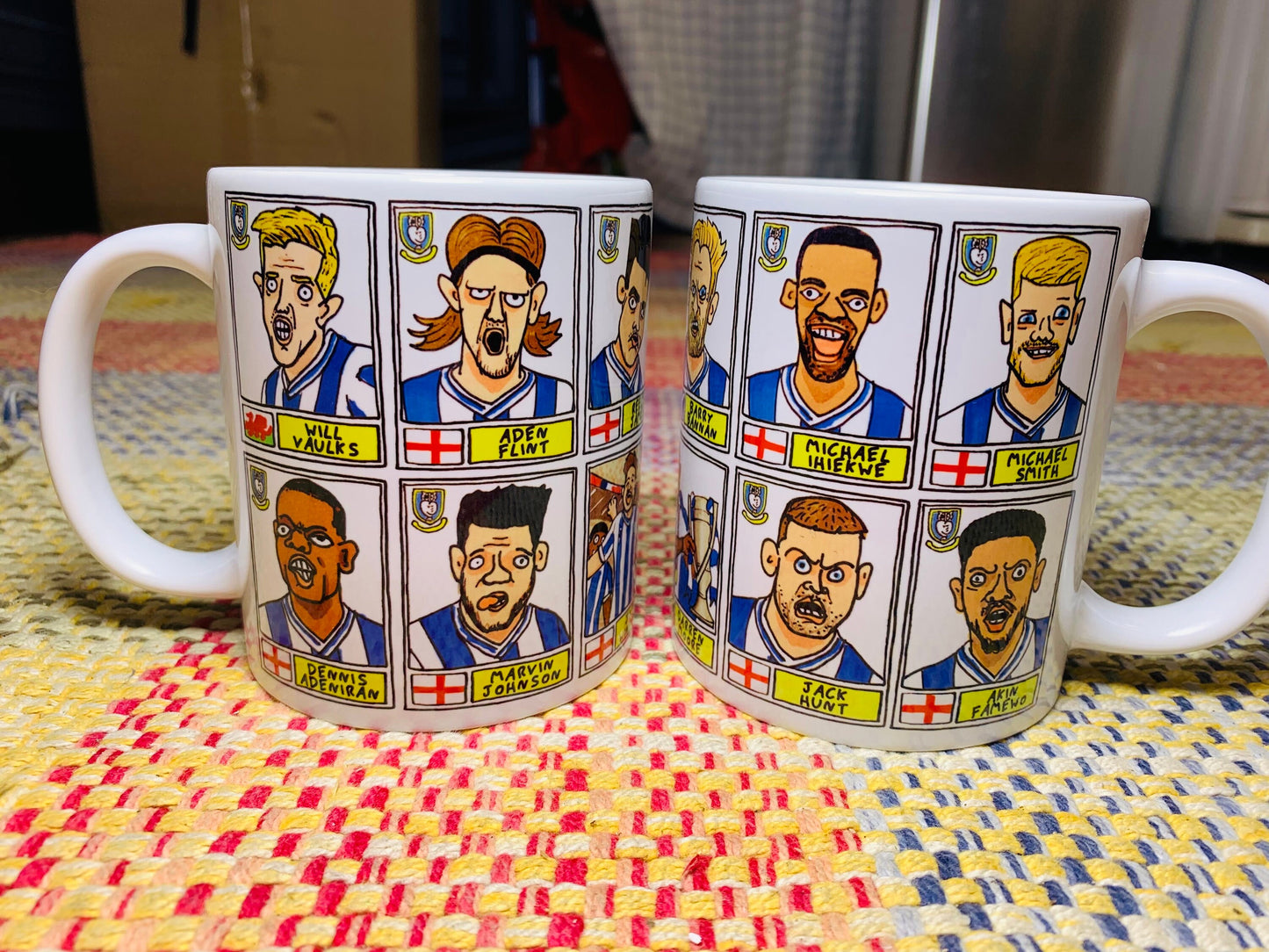 Sheffield Wednesday Vol 2 No Score Draws Mug Set - Set of TWO 11oz Ceramic Mugs with Wonky Paninified Doodles of SWFC 22/23 Playoff Winners