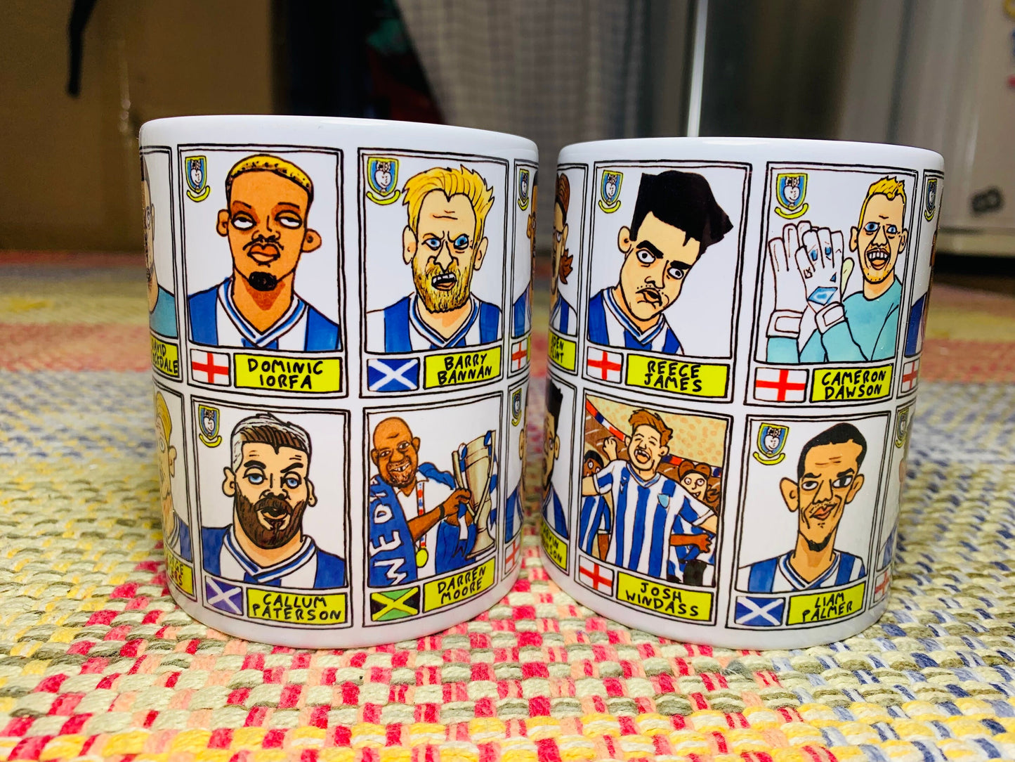 Sheffield Wednesday Vol 2 No Score Draws Mug Set - Set of TWO 11oz Ceramic Mugs with Wonky Paninified Doodles of SWFC 22/23 Playoff Winners