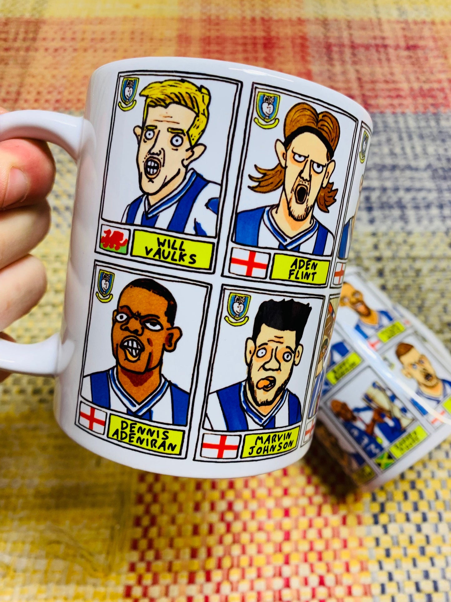 Sheffield Wednesday Vol 2 No Score Draws Mug Set - Set of TWO 11oz Ceramic Mugs with Wonky Paninified Doodles of SWFC 22/23 Playoff Winners