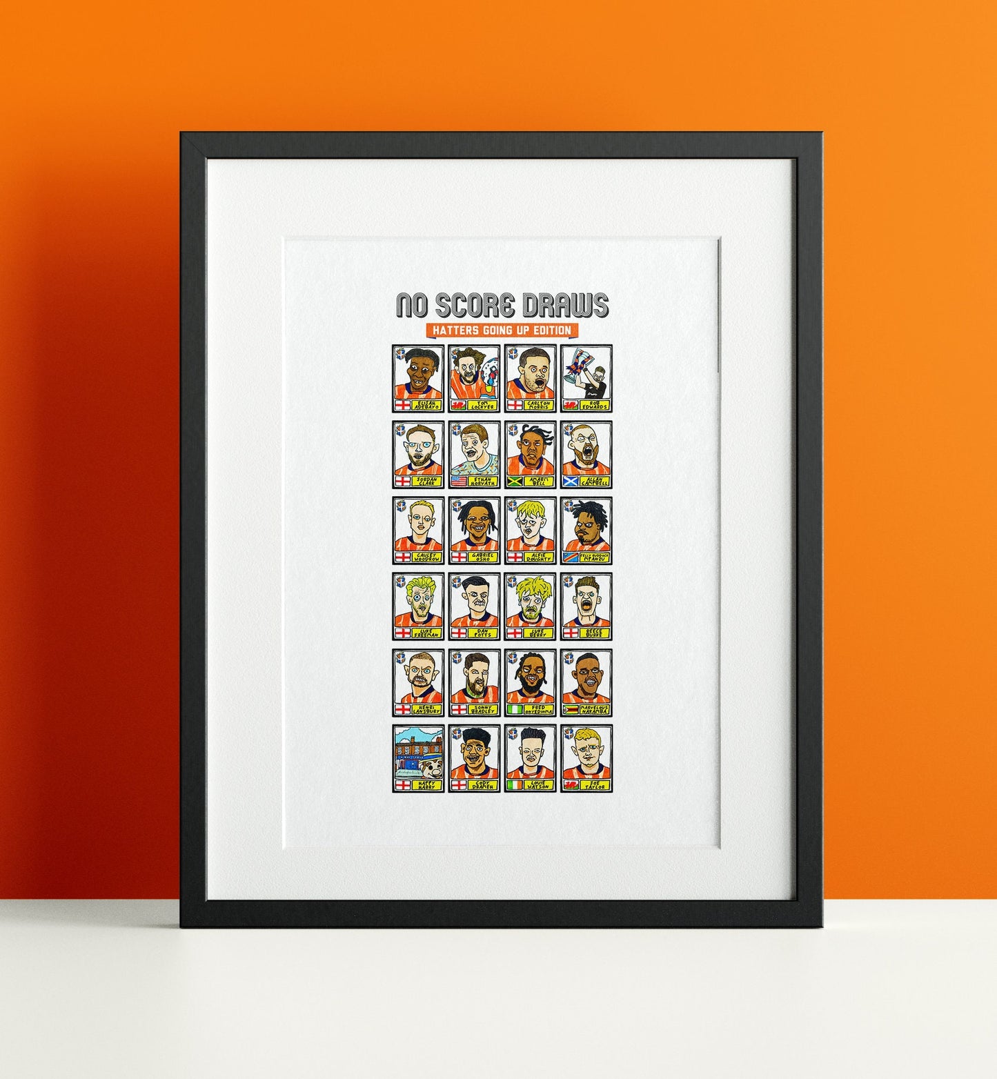 Luton Town Vol 2 - No Score Draws Hatters Going Up Edition - A3 print of 24 hand-drawn Panini Doodles of LTFCs 22/23 EPL Promotion Winners