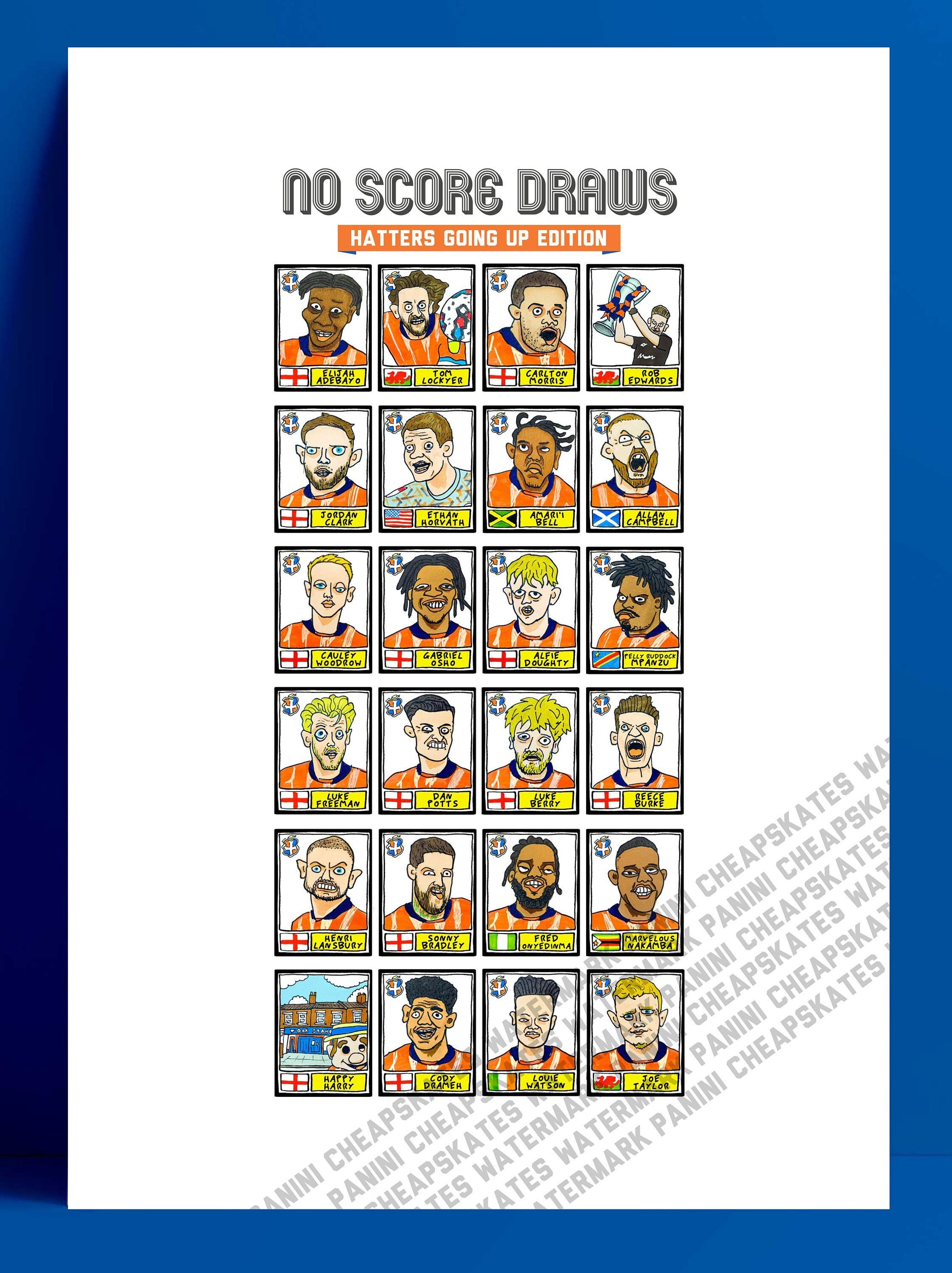 Luton Town Vol 2 - No Score Draws Hatters Going Up Edition - A3 print of 24 hand-drawn Panini Doodles of LTFCs 22/23 EPL Promotion Winners