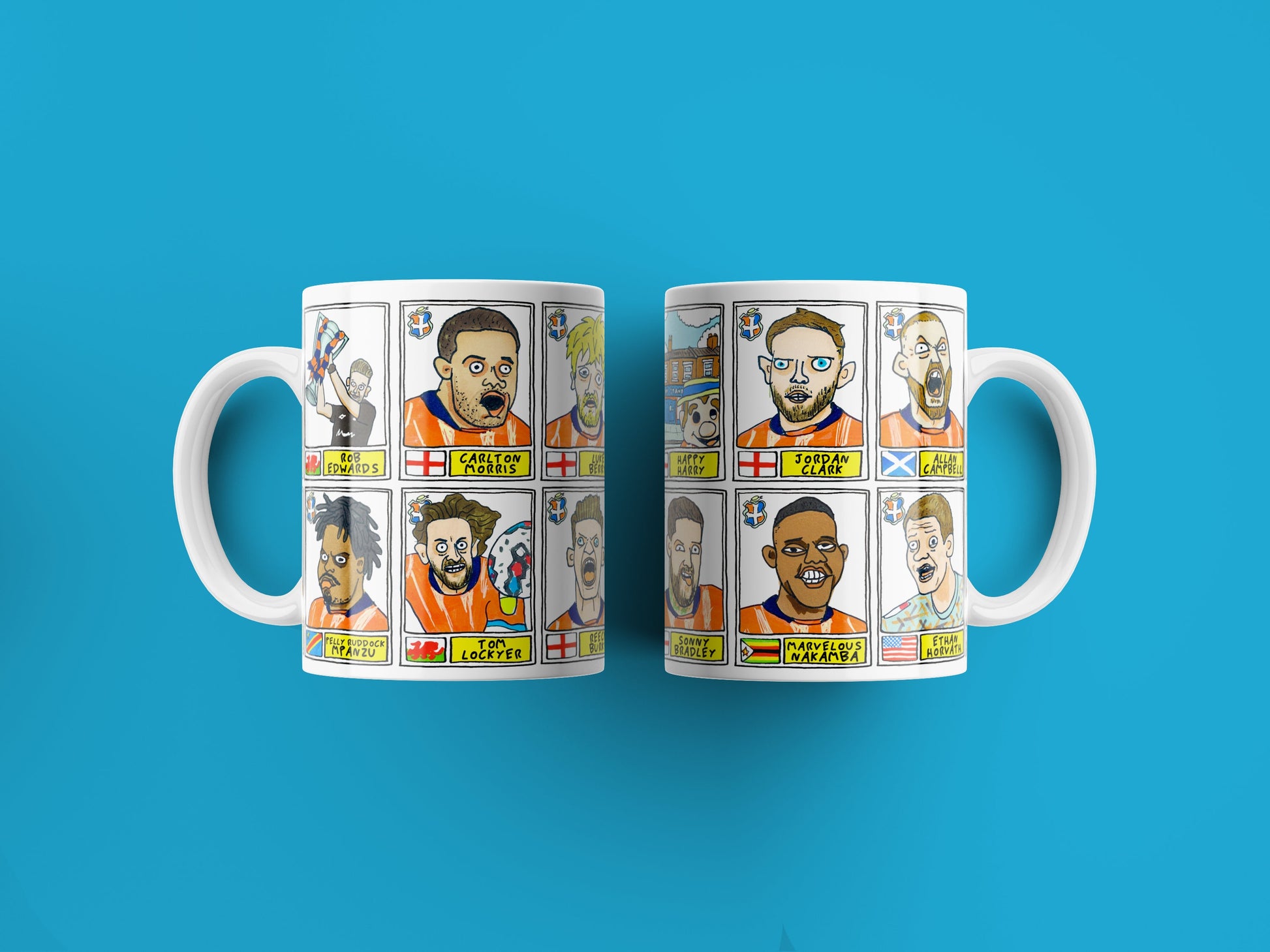 Luton Town Vol 2 No Score Draws Mug Set - Set of TWO 11oz Ceramic Mugs with Wonky Paninified Hatters Doodles of LTFC's 22/23 Playoff Winners