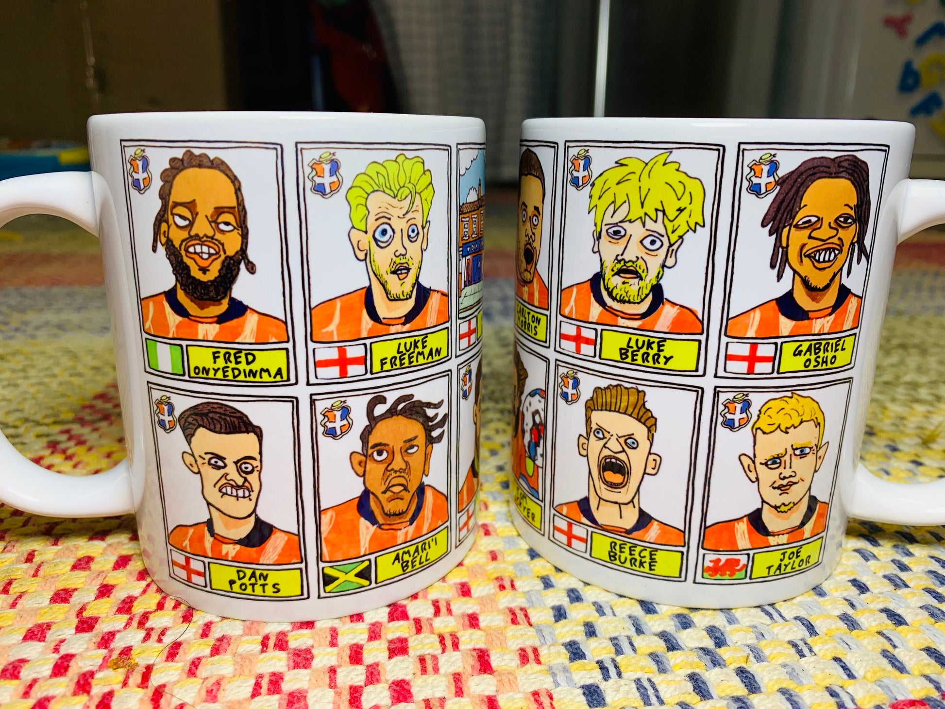 Luton Town Vol 2 No Score Draws Mug Set - Set of TWO 11oz Ceramic Mugs with Wonky Paninified Hatters Doodles of LTFC's 22/23 Playoff Winners