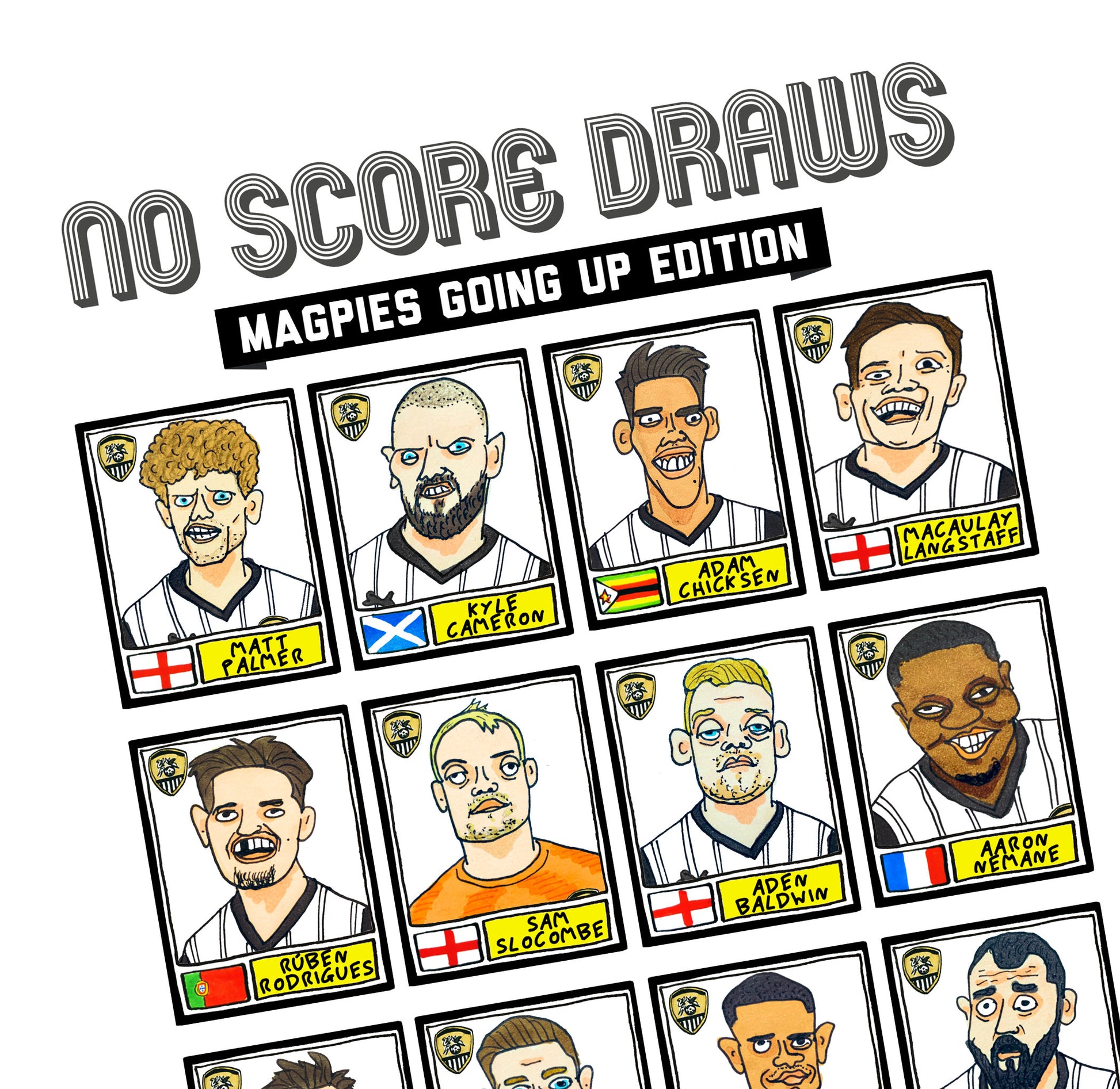 Notts County - No Score Draws Magpies Going Up Edition - A3 print of 24 hand-drawn Panini Doodles of NCFC's 22/23 Promotion Winners