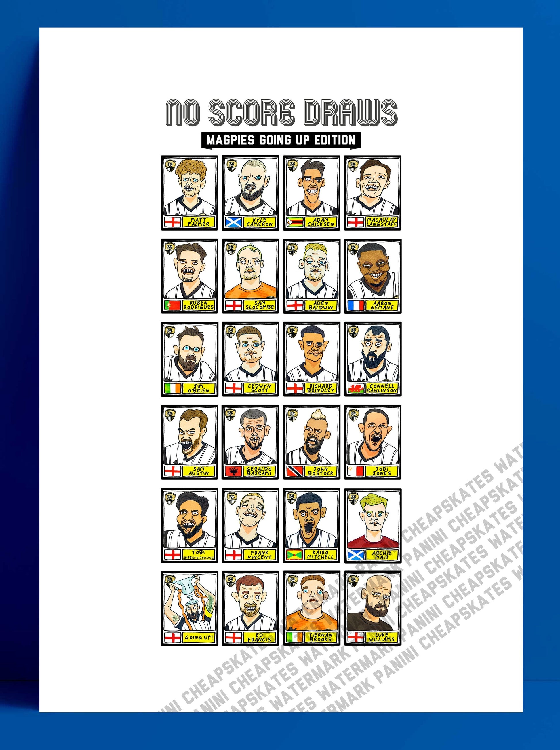 Notts County - No Score Draws Magpies Going Up Edition - A3 print of 24 hand-drawn Panini Doodles of NCFC's 22/23 Promotion Winners