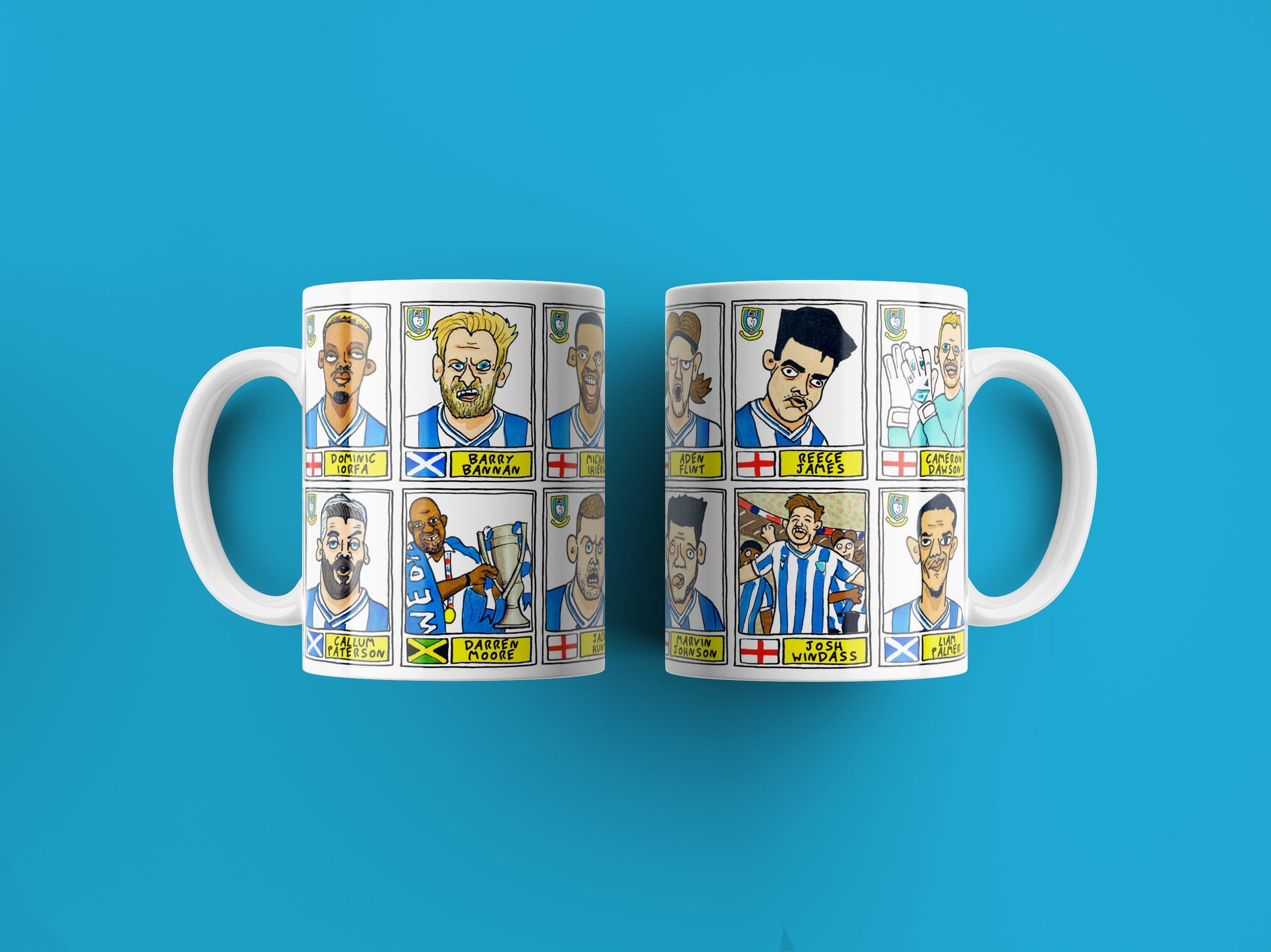 Sheffield Wednesday Vol 2 No Score Draws Mug Set - Set of TWO 11oz Ceramic Mugs with Wonky Paninified Doodles of SWFC 22/23 Playoff Winners