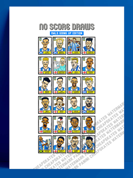 Sheffield Wednesday Vol 2 - No Score Draws Owls Going Up Edition - A3 print of 24 hand-drawn Panini Doodles of SWFCs 22/23 Promotion Winners