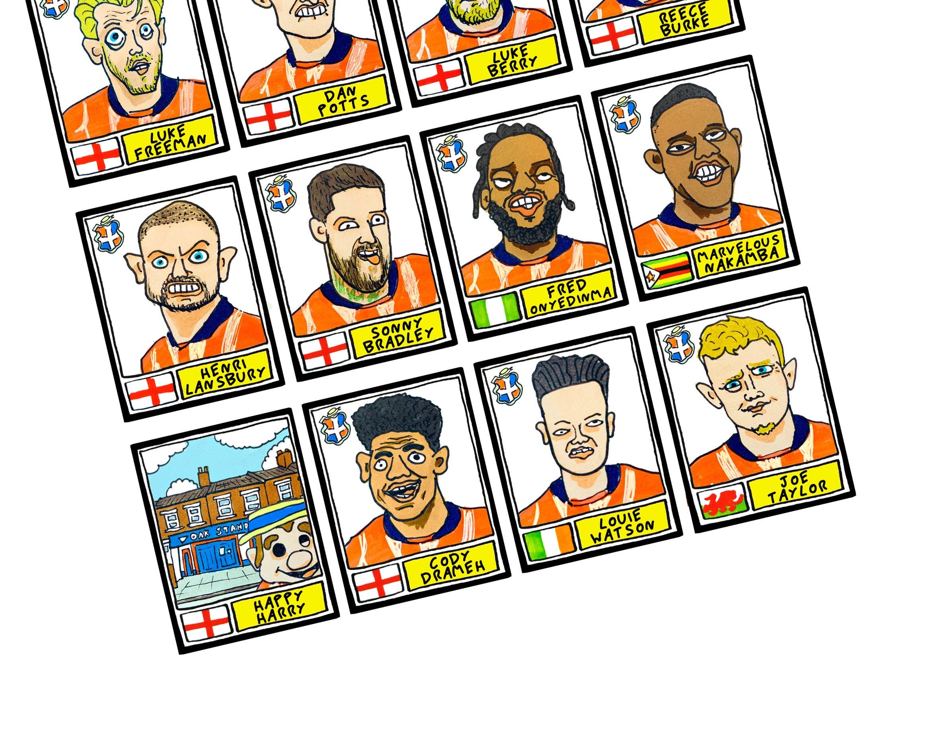 Luton Town Vol 2 - No Score Draws Hatters Going Up Edition - A3 print of 24 hand-drawn Panini Doodles of LTFCs 22/23 EPL Promotion Winners