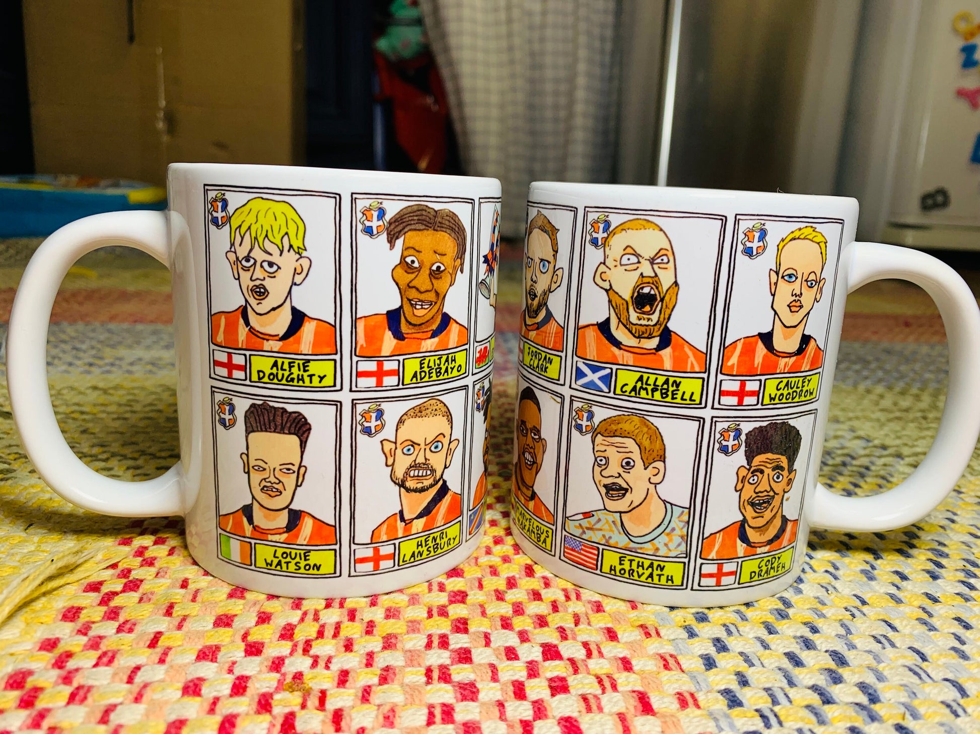 Luton Town Vol 2 No Score Draws Mug Set - Set of TWO 11oz Ceramic Mugs with Wonky Paninified Hatters Doodles of LTFC's 22/23 Playoff Winners