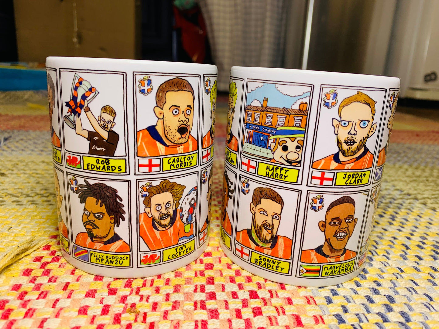 Luton Town Vol 2 No Score Draws Mug Set - Set of TWO 11oz Ceramic Mugs with Wonky Paninified Hatters Doodles of LTFC's 22/23 Playoff Winners