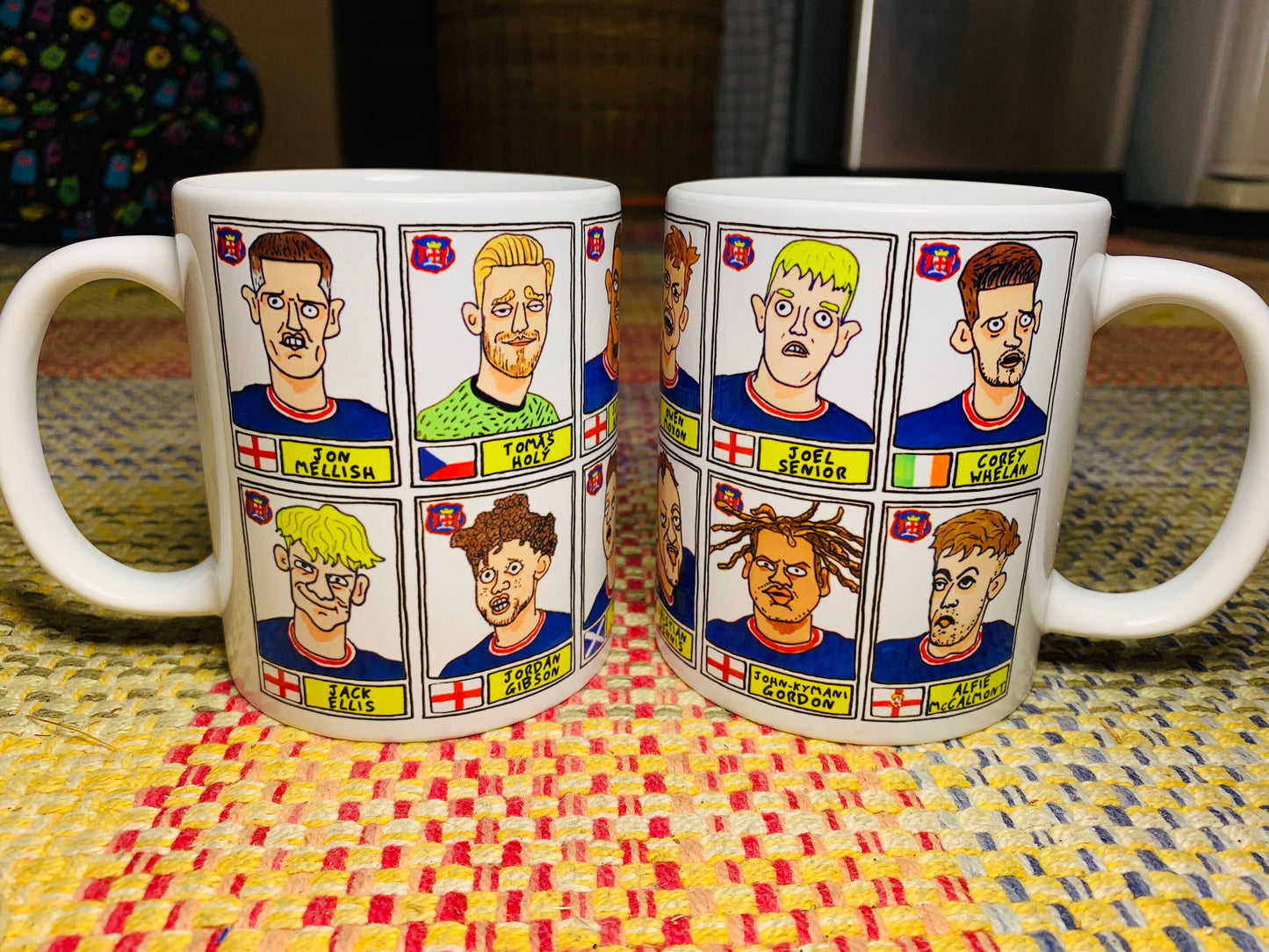 Carlisle United No Score Draws Mug Set - Set of TWO 11oz Ceramic Mugs with 24 Wonky Panini sticker-style CUFC 22-23 Playoff-Winners Doodles