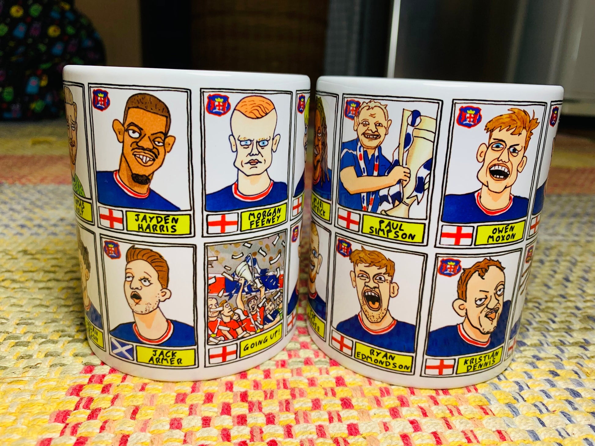 Carlisle United No Score Draws Mug Set - Set of TWO 11oz Ceramic Mugs with 24 Wonky Panini sticker-style CUFC 22-23 Playoff-Winners Doodles