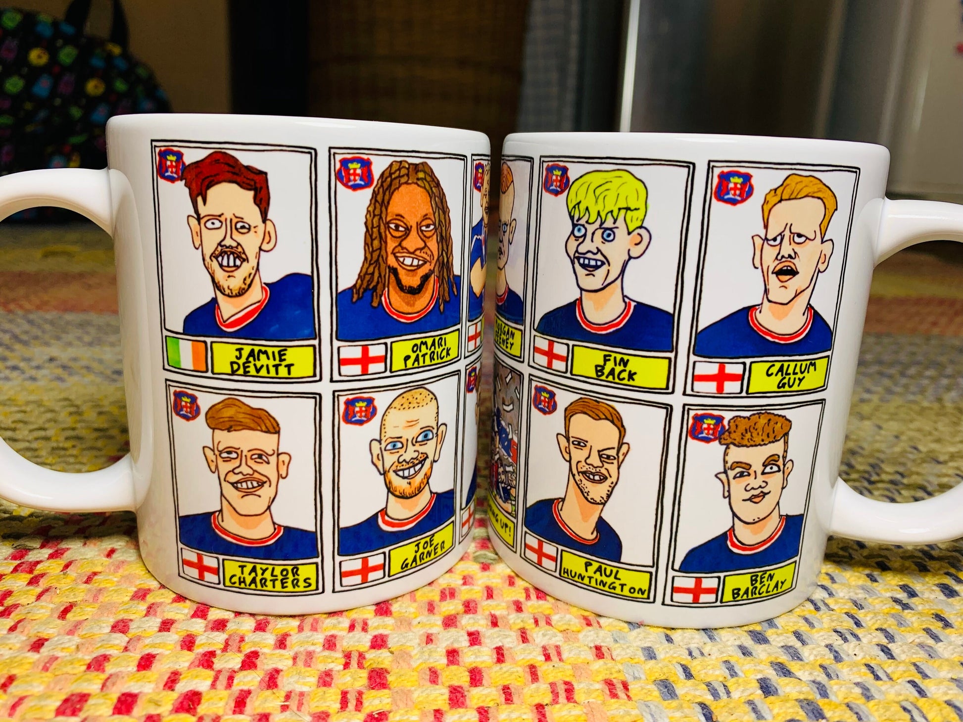 Carlisle United No Score Draws Mug Set - Set of TWO 11oz Ceramic Mugs with 24 Wonky Panini sticker-style CUFC 22-23 Playoff-Winners Doodles