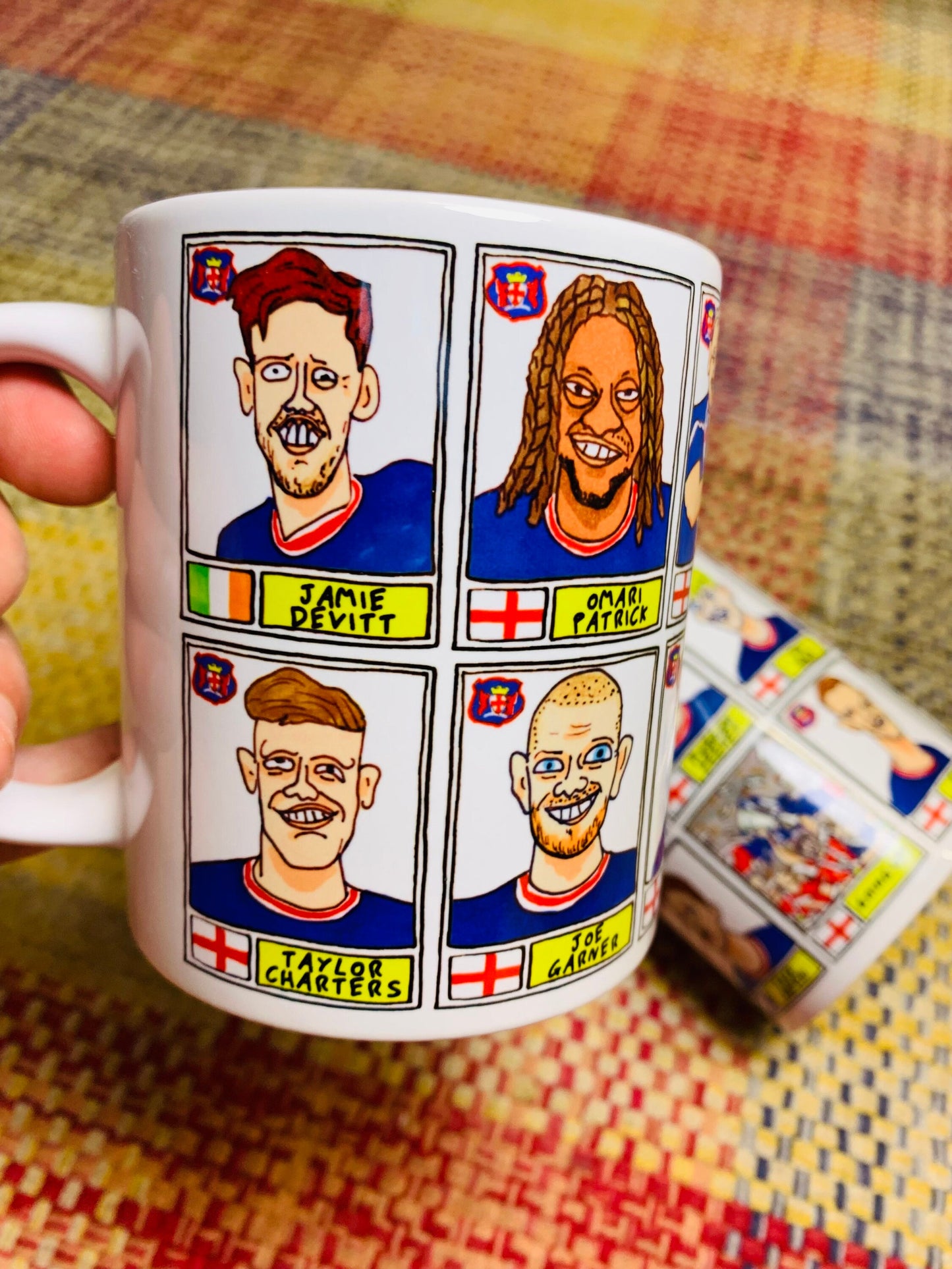 Carlisle United No Score Draws Mug Set - Set of TWO 11oz Ceramic Mugs with 24 Wonky Panini sticker-style CUFC 22-23 Playoff-Winners Doodles