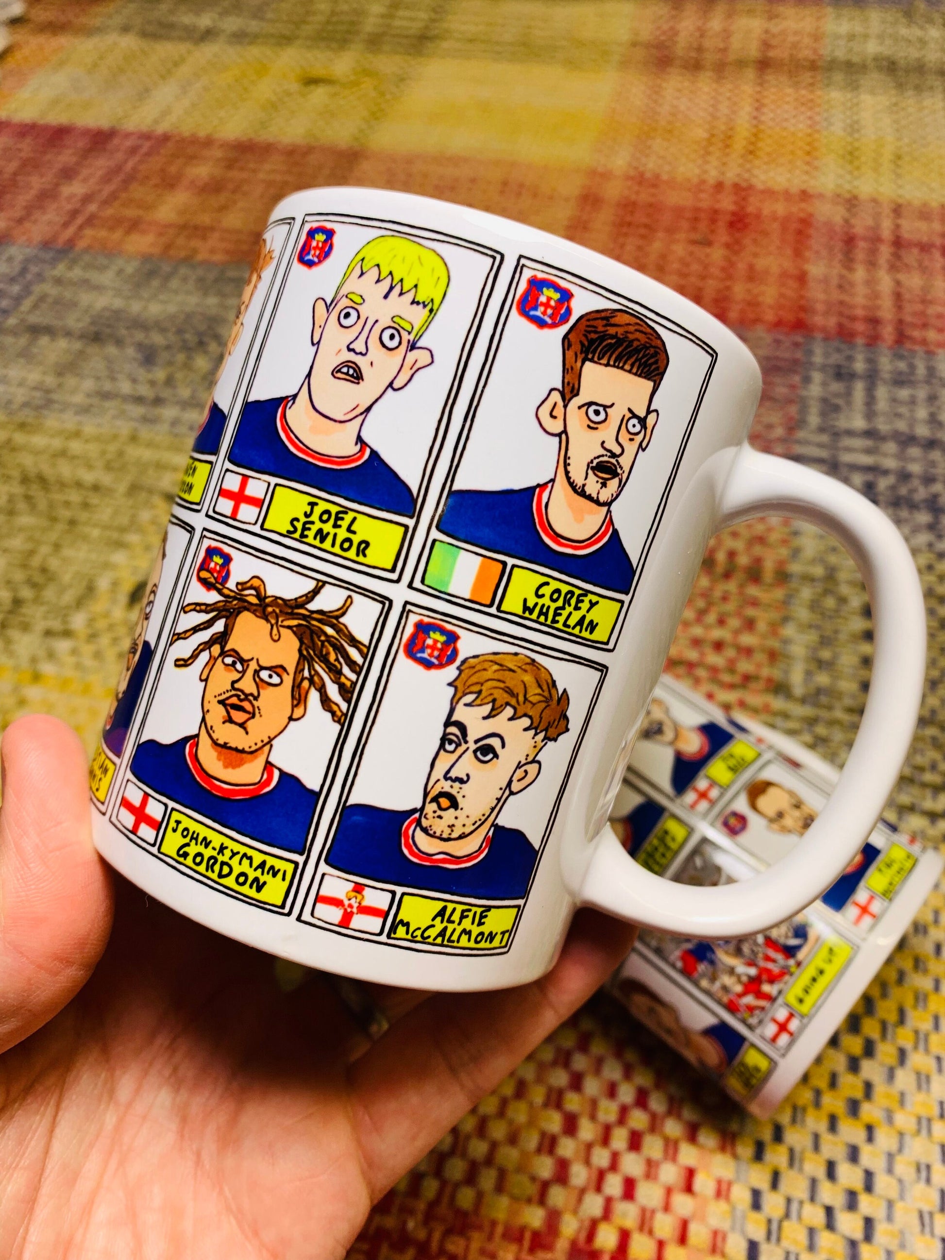 Carlisle United No Score Draws Mug Set - Set of TWO 11oz Ceramic Mugs with 24 Wonky Panini sticker-style CUFC 22-23 Playoff-Winners Doodles