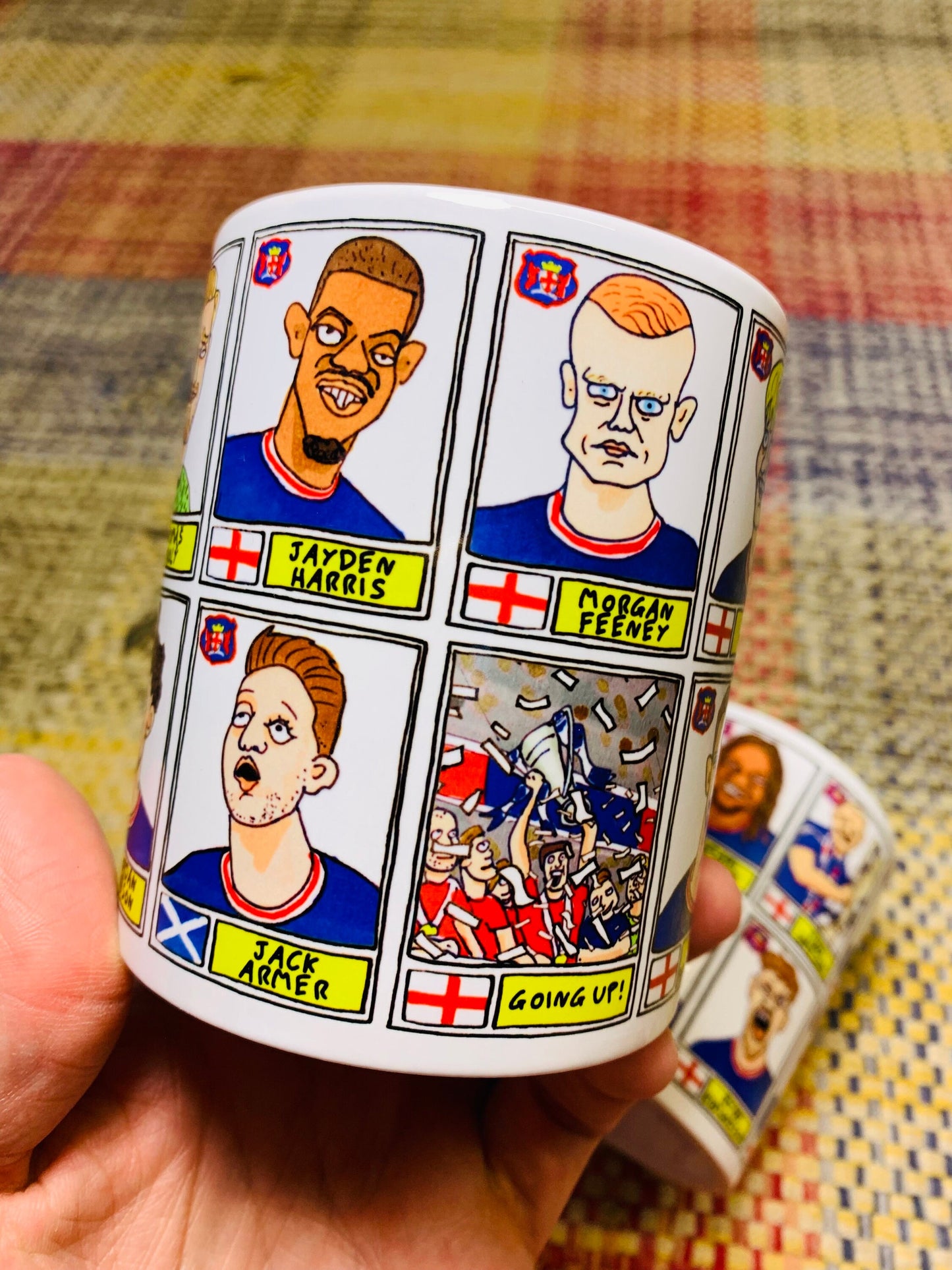 Carlisle United No Score Draws Mug Set - Set of TWO 11oz Ceramic Mugs with 24 Wonky Panini sticker-style CUFC 22-23 Playoff-Winners Doodles