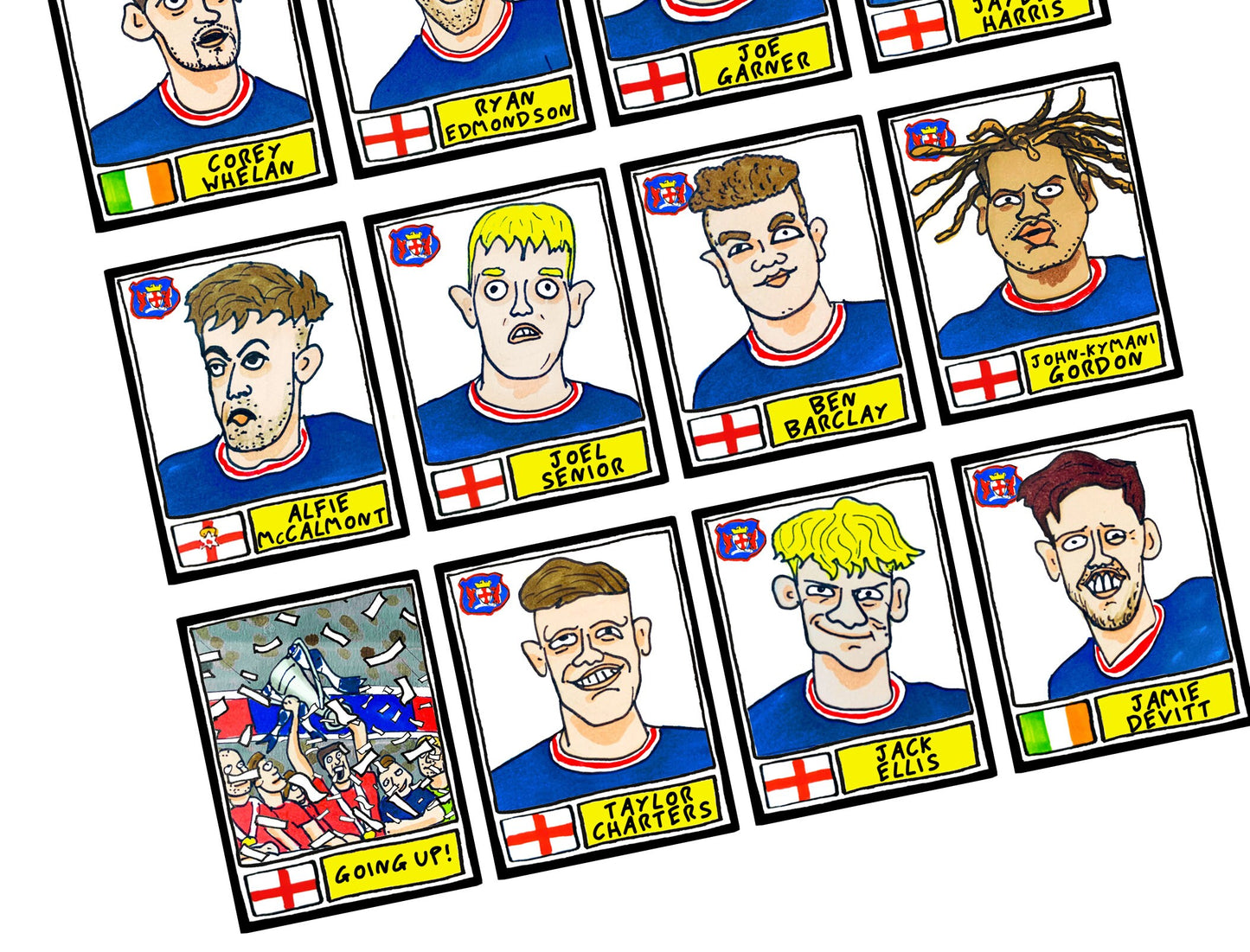 Carlisle United - No Score Draws Brunton Park Edition - A3 print of 24 hand-drawn Wonky Panini-Style Doodles Of CUFC's 22-23 Playoff-Winners