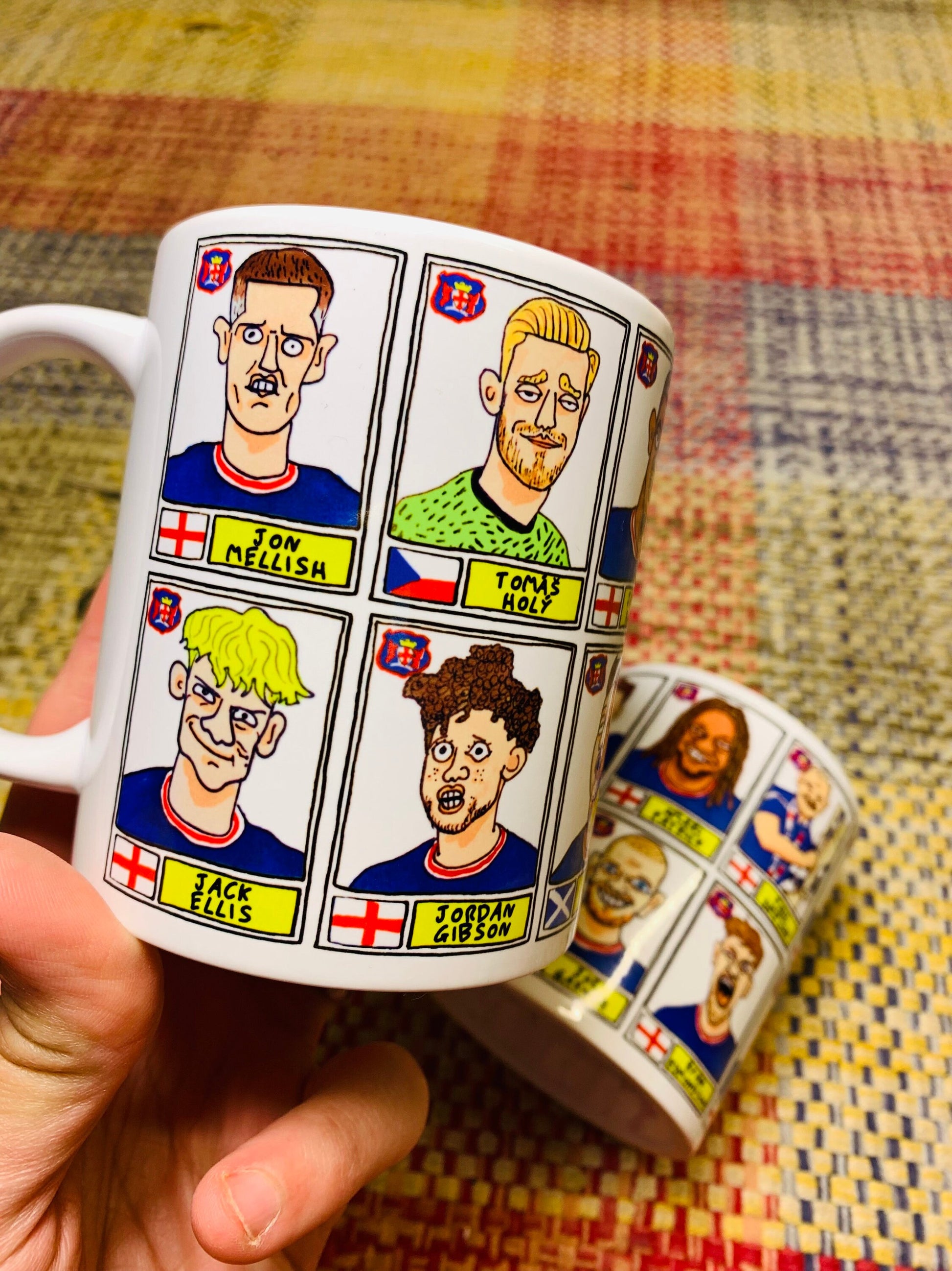 Carlisle United No Score Draws Mug Set - Set of TWO 11oz Ceramic Mugs with 24 Wonky Panini sticker-style CUFC 22-23 Playoff-Winners Doodles